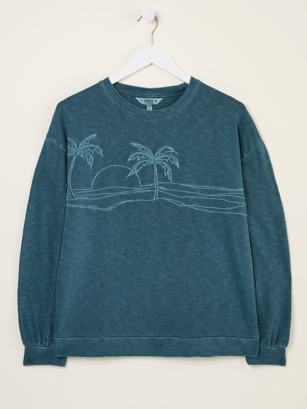 Gia Dark Teal Blue Embroidered Graphic Crew Sweatshirt