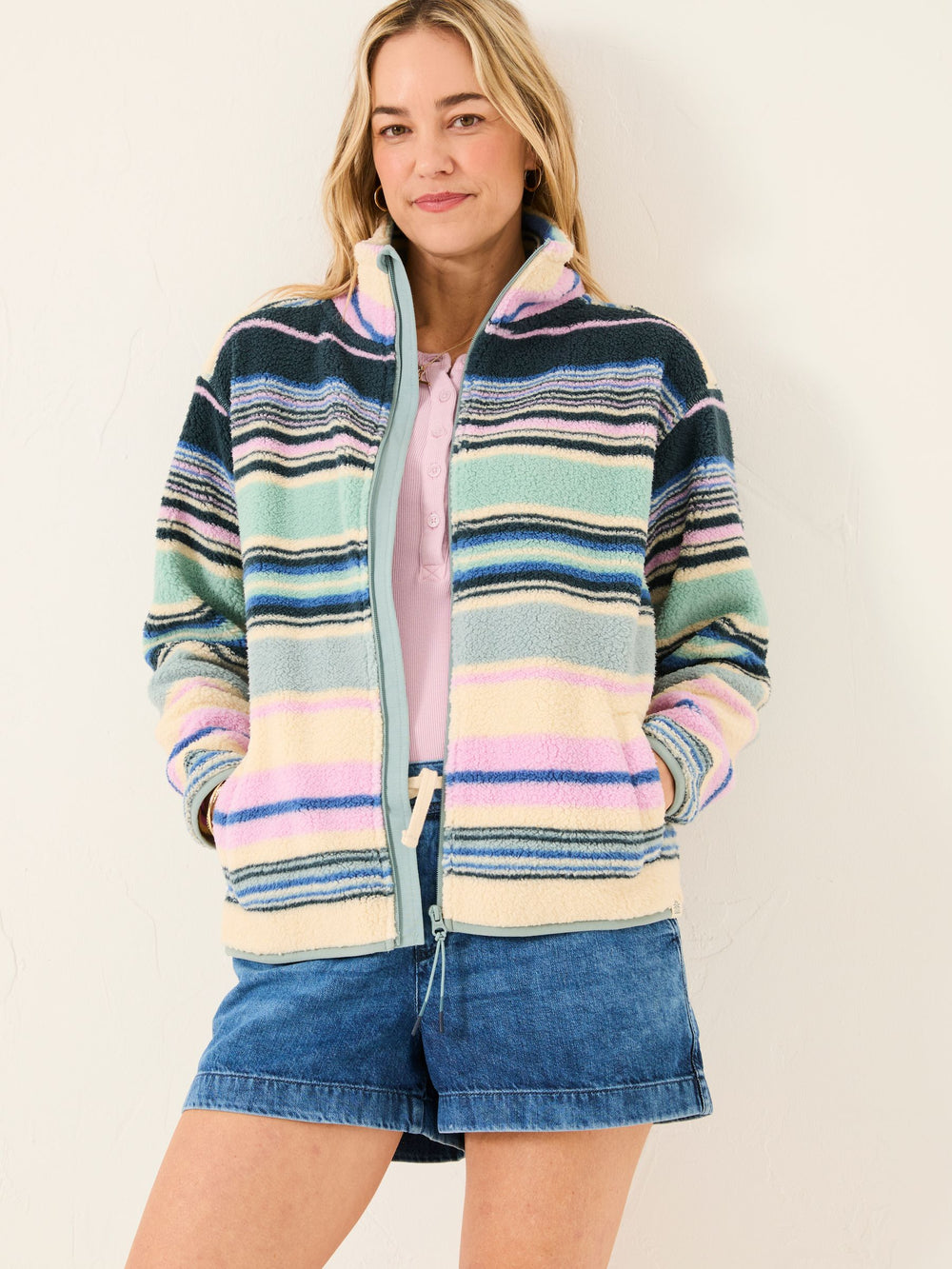 Multi Stripe Zip Through Fleece