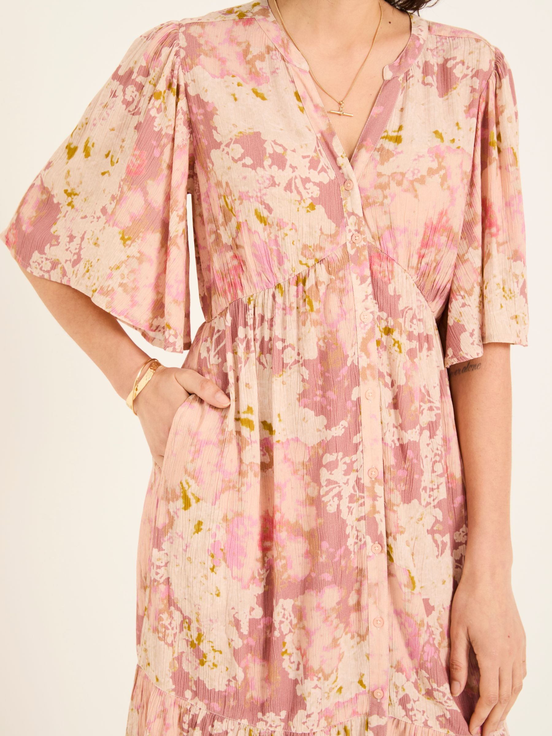Paige Pink Layered Floral Embroidered Midi Dress