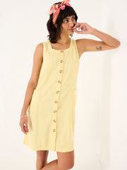 Binny Light Yellow Button Linen Dress