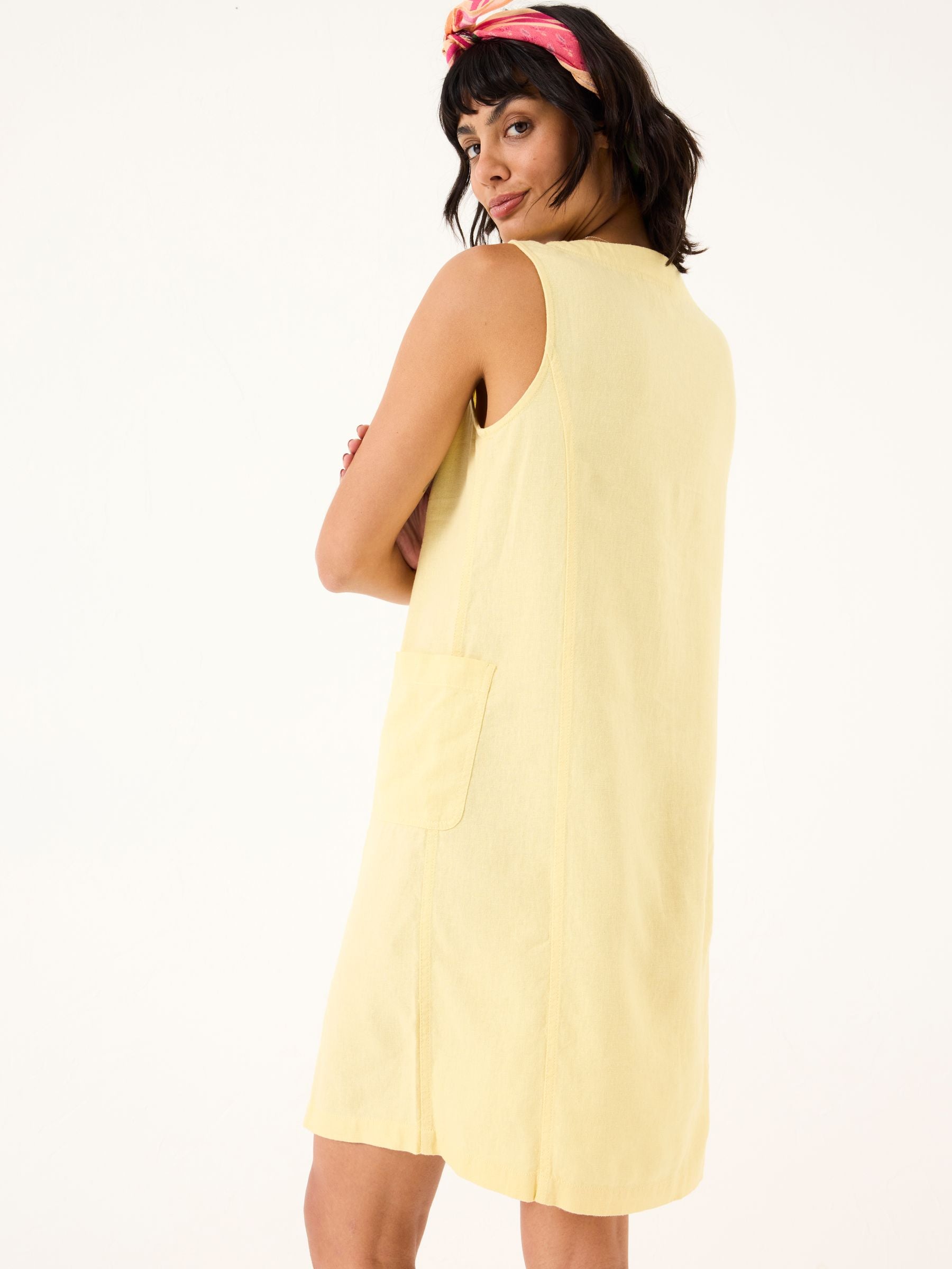 Binny Light Yellow Button Linen Dress
