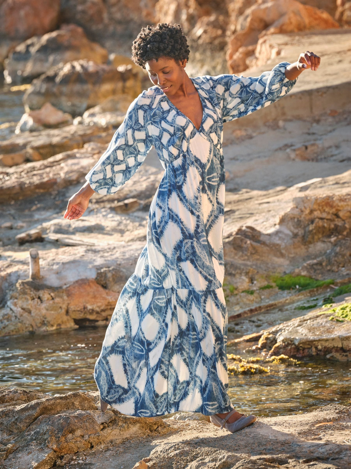 Noelle Indigo Blue Water Leaf Maxi Dress