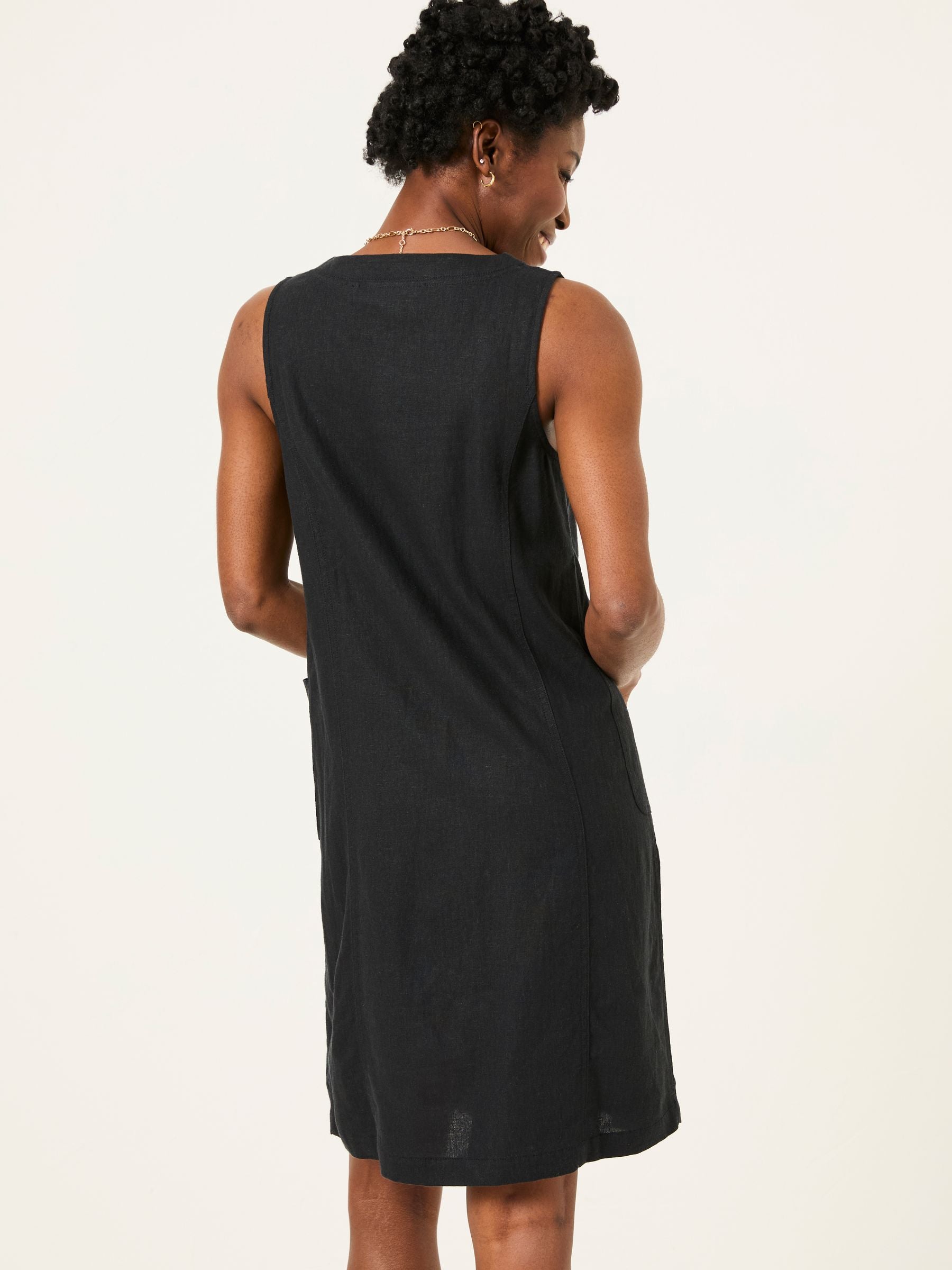 Binny Black Button Linen Dress