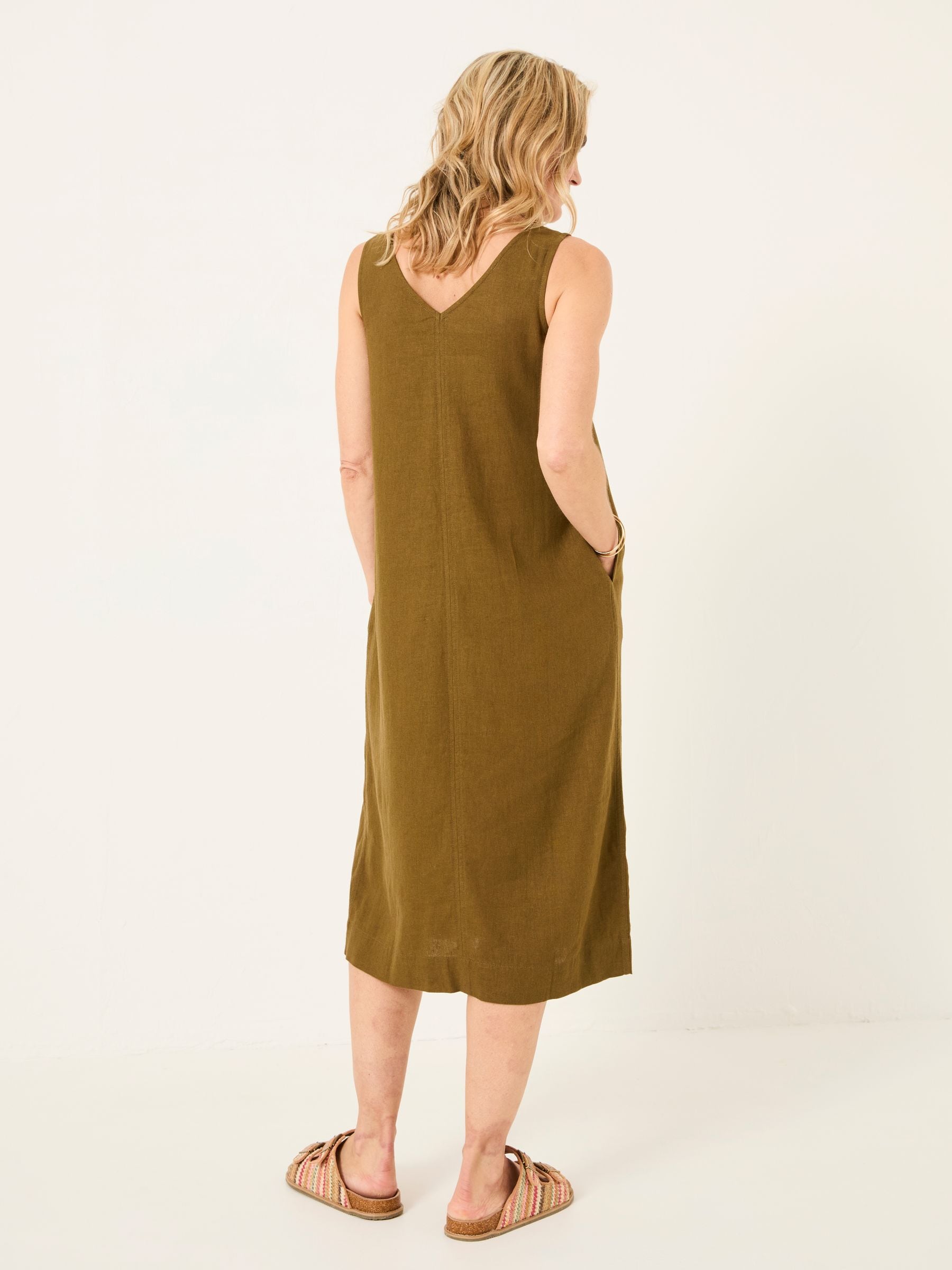 Corey Khaki Green Linen Midi Dress