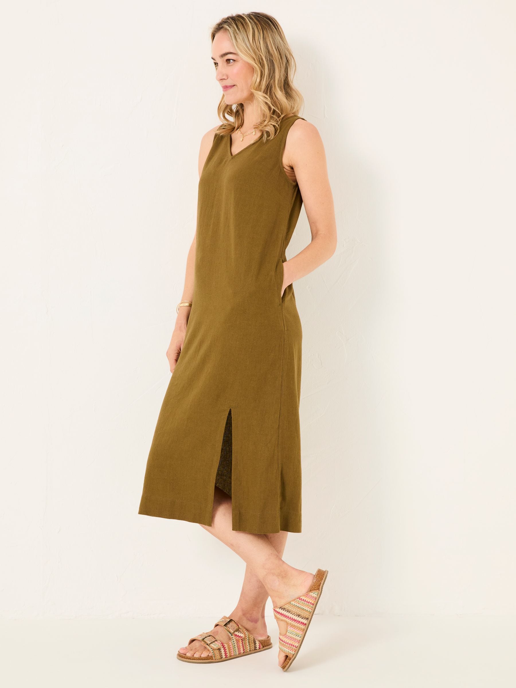 Corey Khaki Green Linen Midi Dress