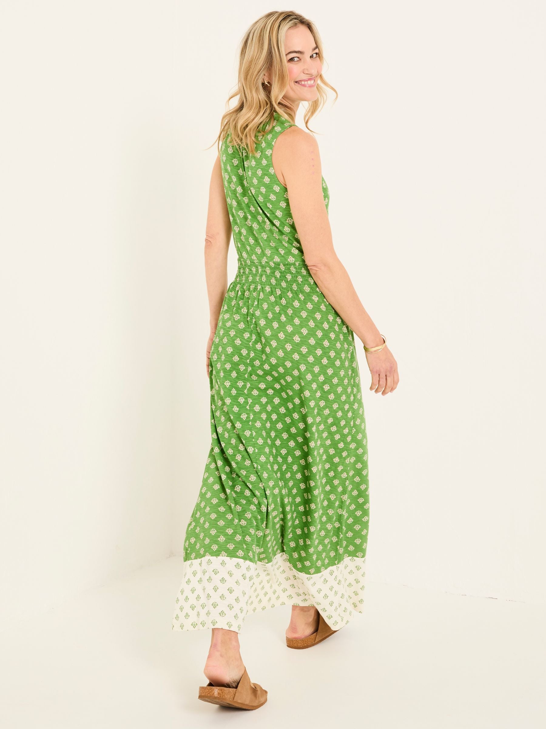 Ellie Mid Green Woodblock Jersey Maxi Dress