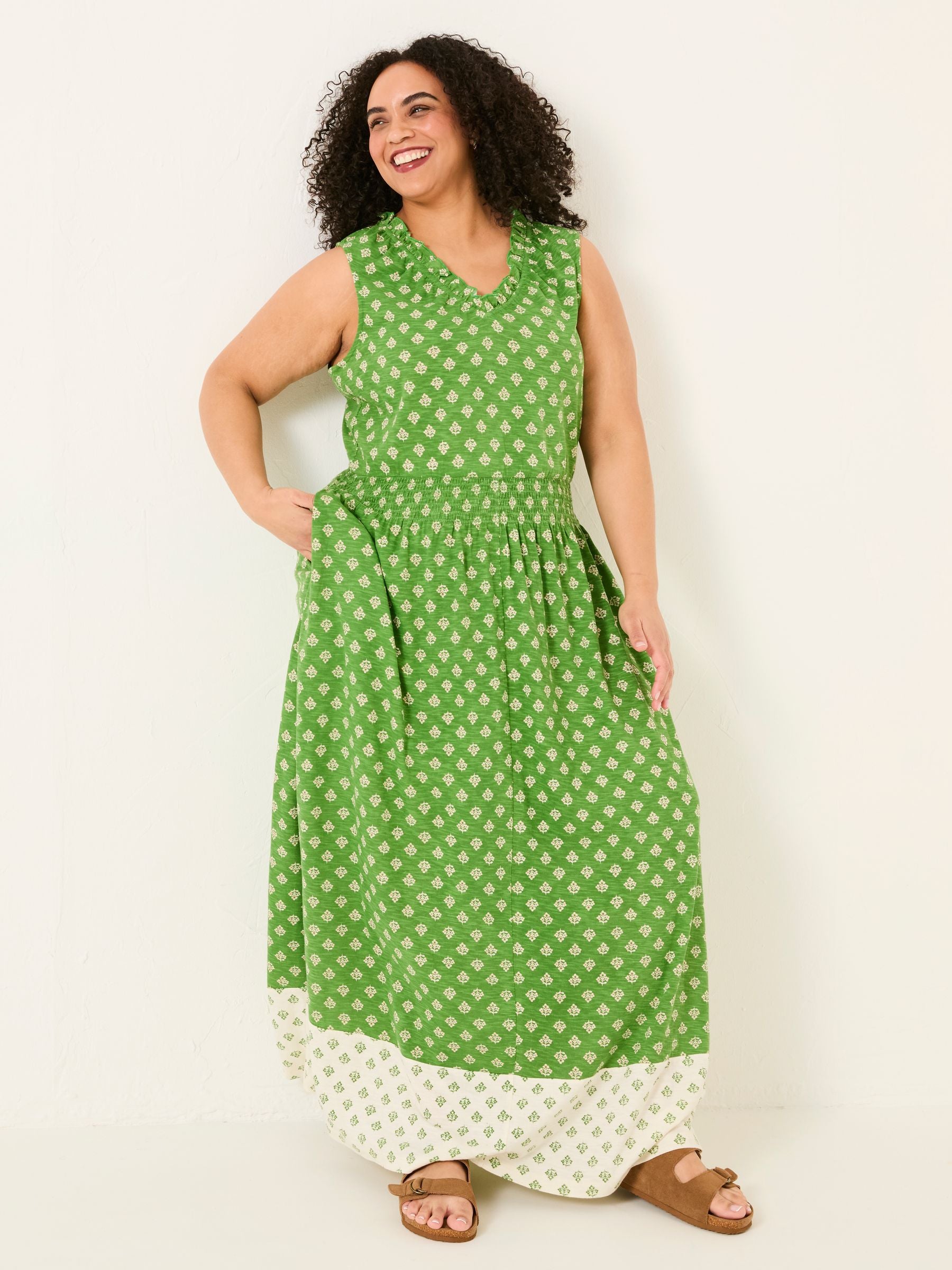 Ellie Mid Green Woodblock Jersey Maxi Dress