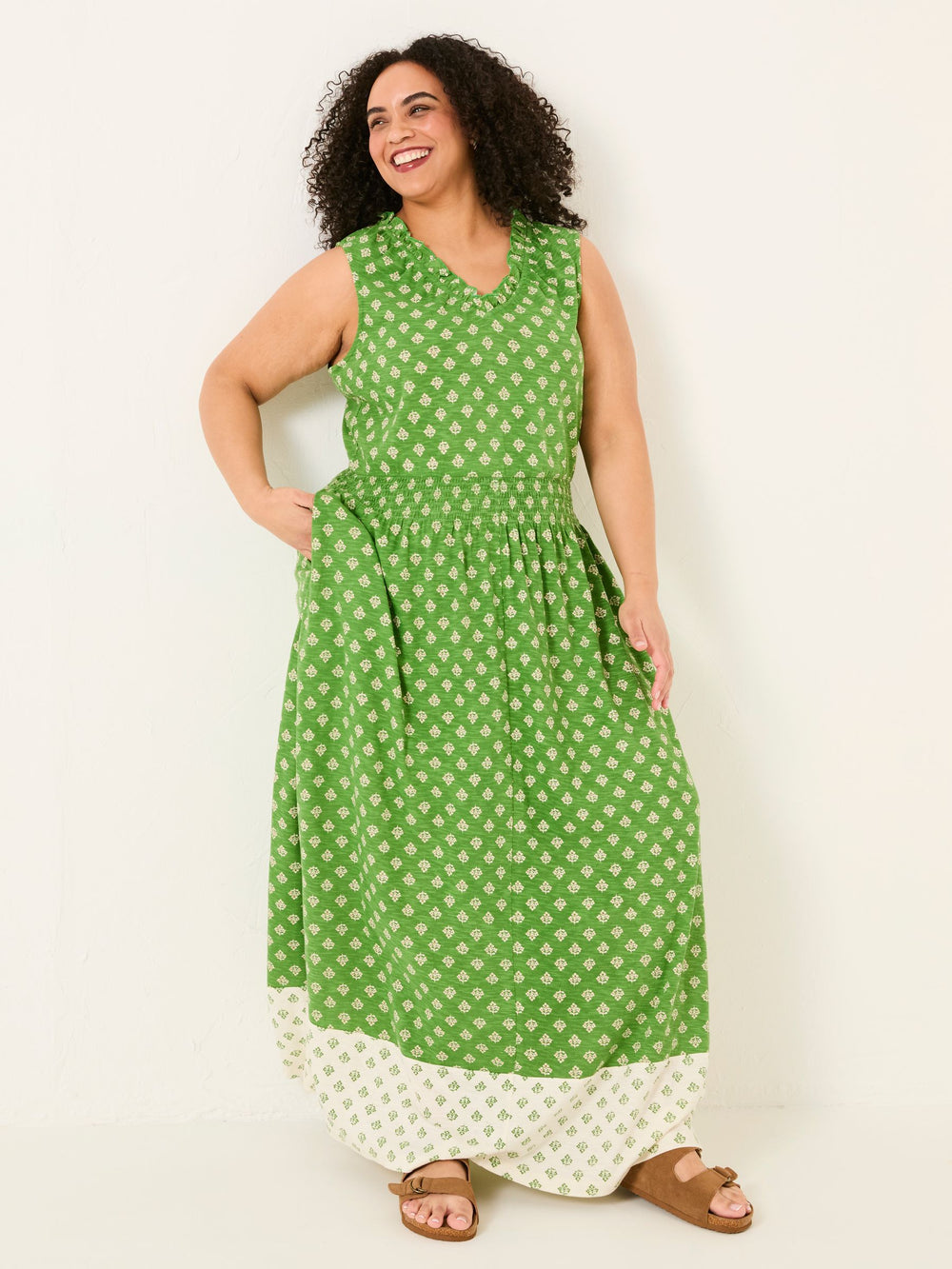 Ellie Mid Green Woodblock Jersey Maxi Dress