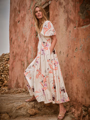 Marlowe Ivory Gathered Sleeve Printed Dress