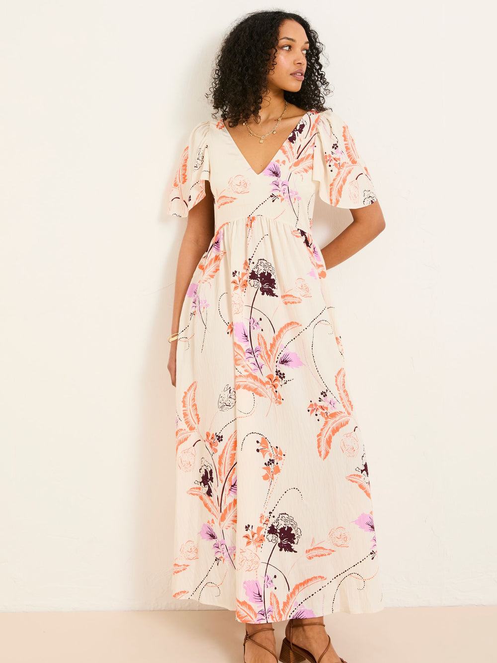 Marlowe Ivory Gathered Sleeve Printed Dress