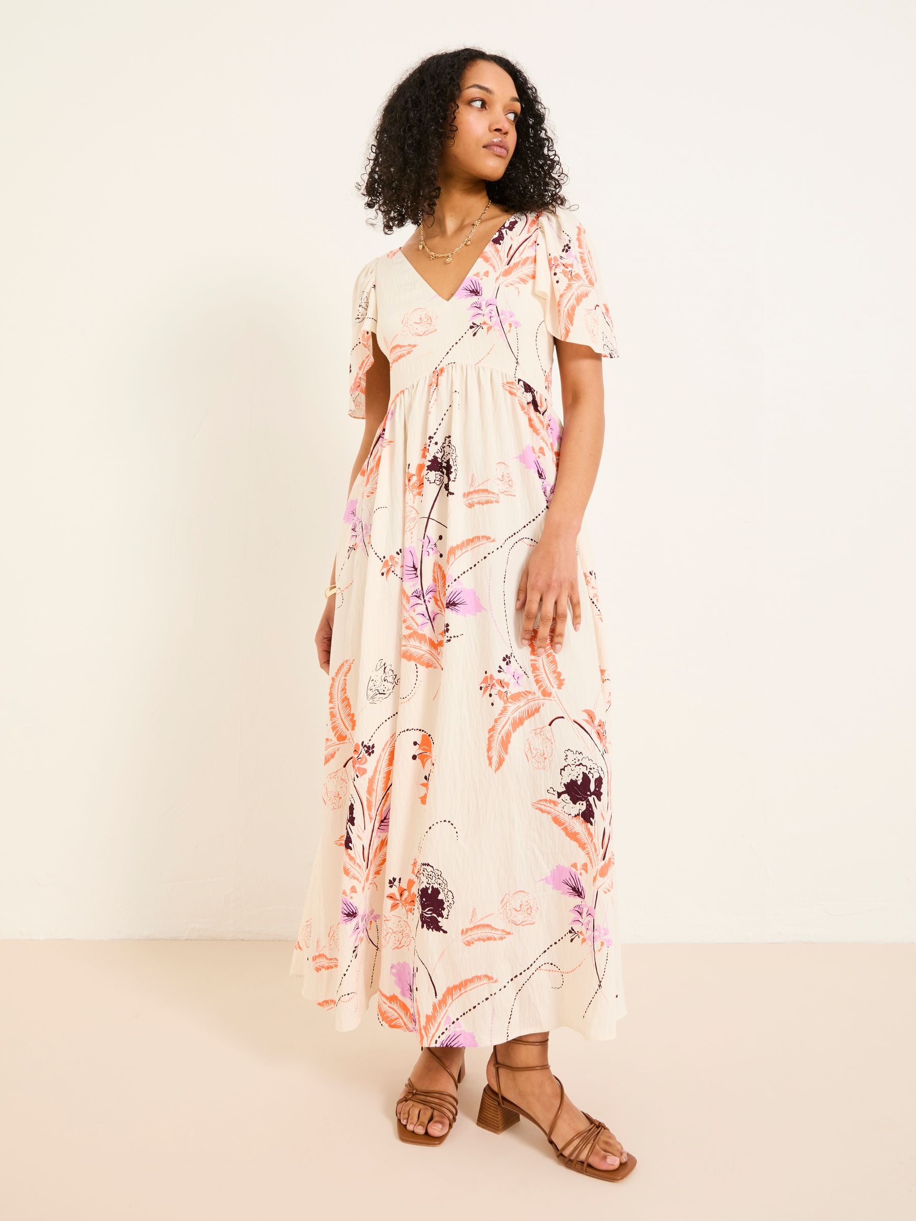 Marlowe Ivory Gathered Sleeve Printed Dress