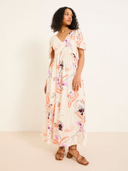 Marlowe Ivory Gathered Sleeve Printed Dress