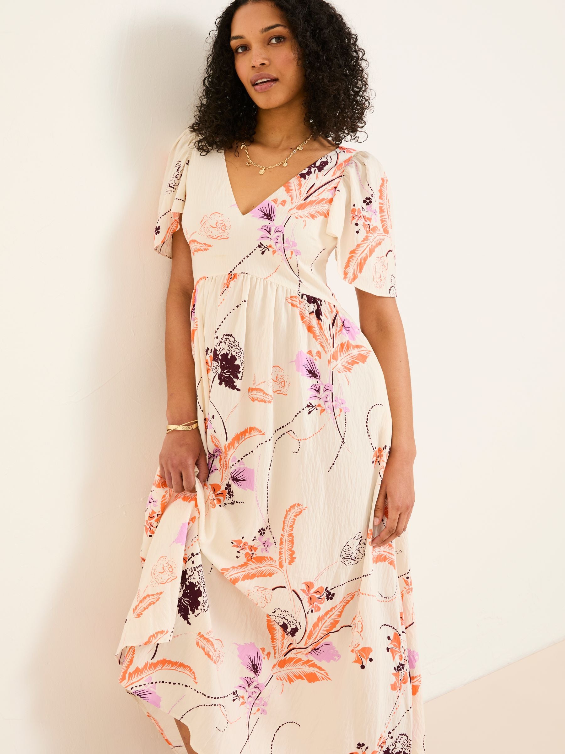 Marlowe Ivory Gathered Sleeve Printed Dress