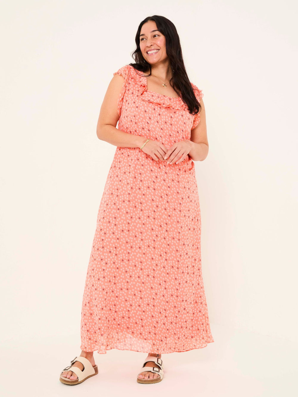 Sloane Coral Pink Scoop Neck Printed Dress
