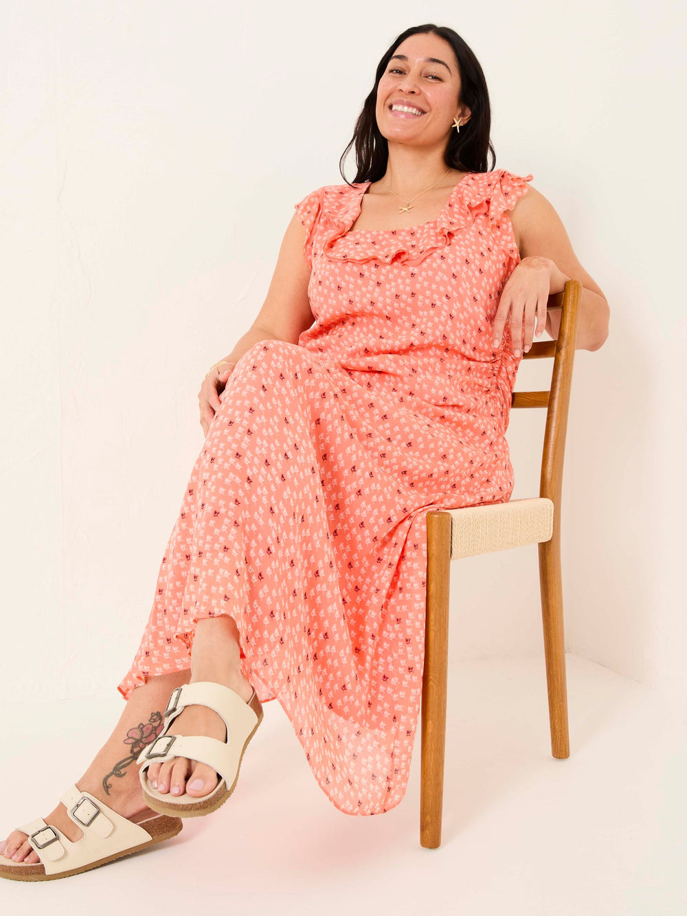 Sloane Coral Pink Scoop Neck Printed Dress