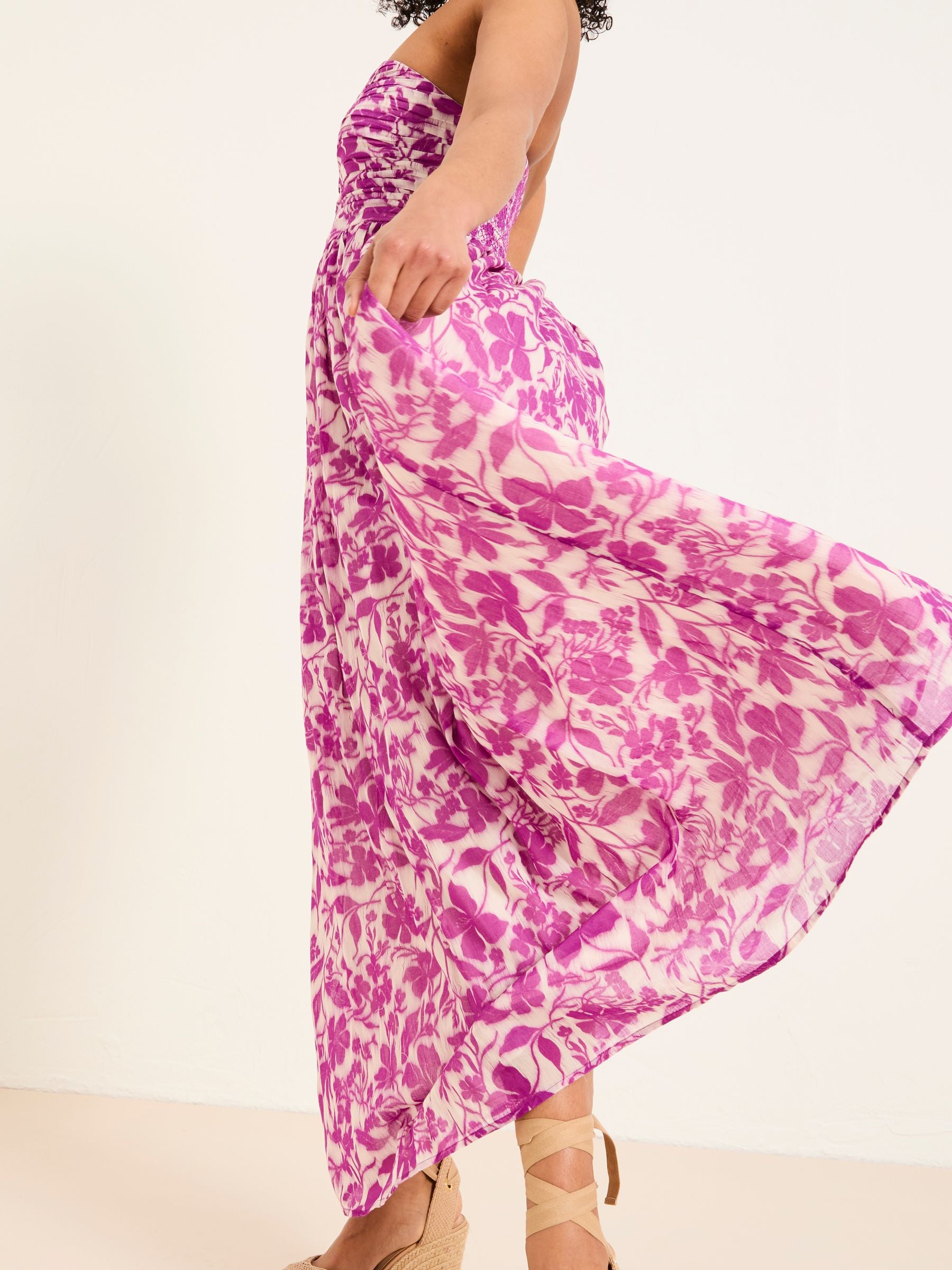 Flora Purple Strapless Printed Floral Dress