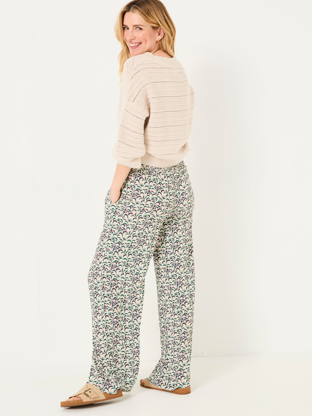 Multi Vine Floral Shirred Palazzo Trousers