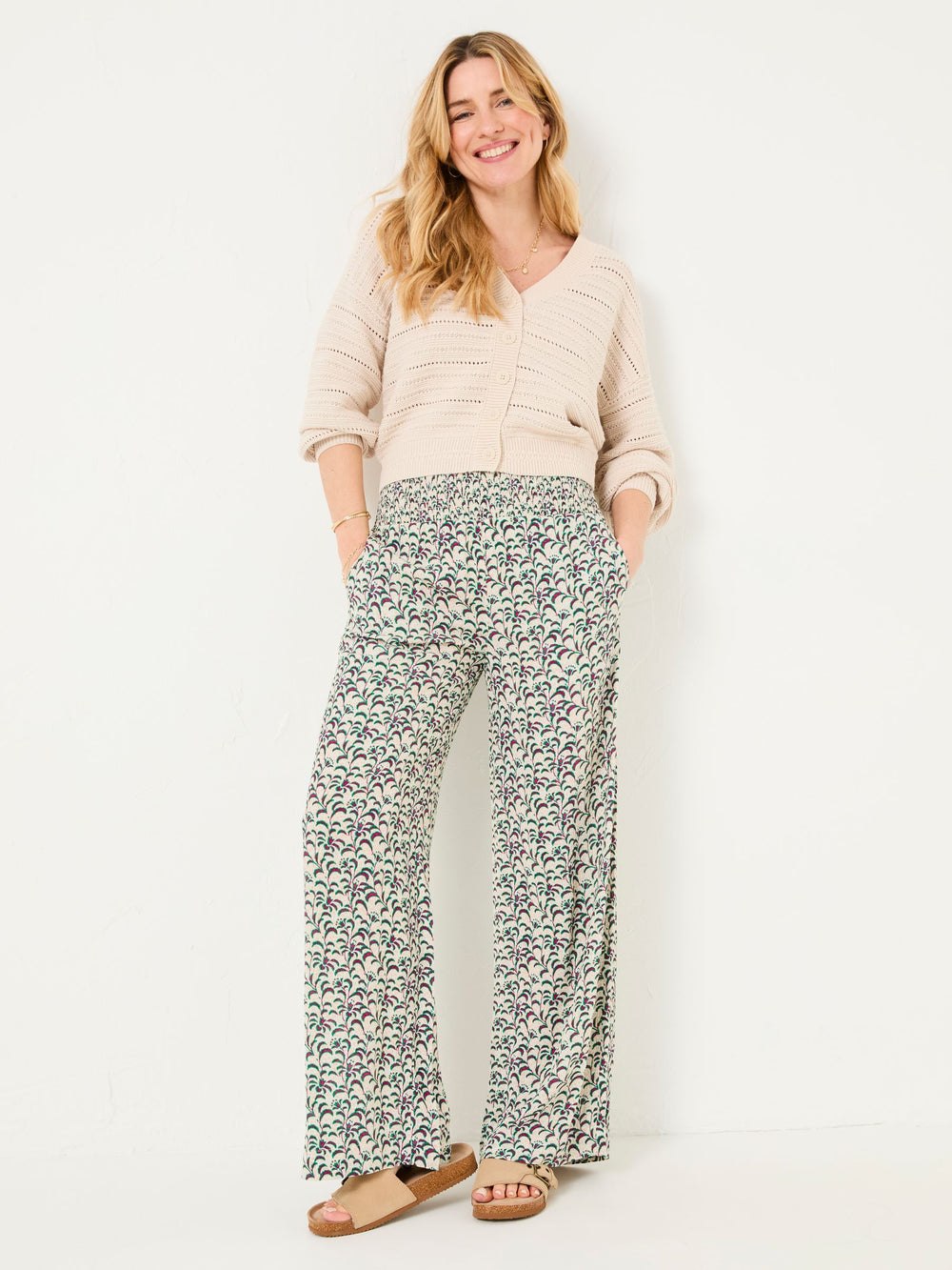 Multi Vine Floral Shirred Palazzo Trousers