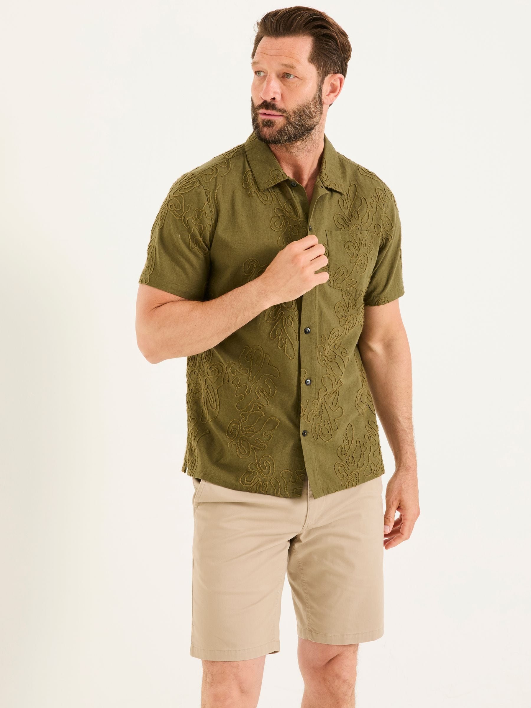 Khaki Green Short Sleeve Swirl Embroidered Shirt