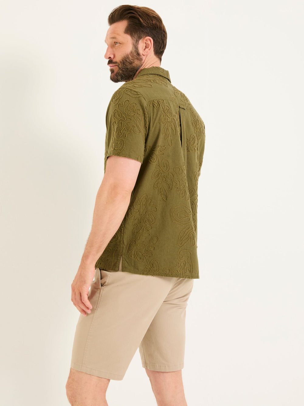 Khaki Green Short Sleeve Swirl Embroidered Shirt