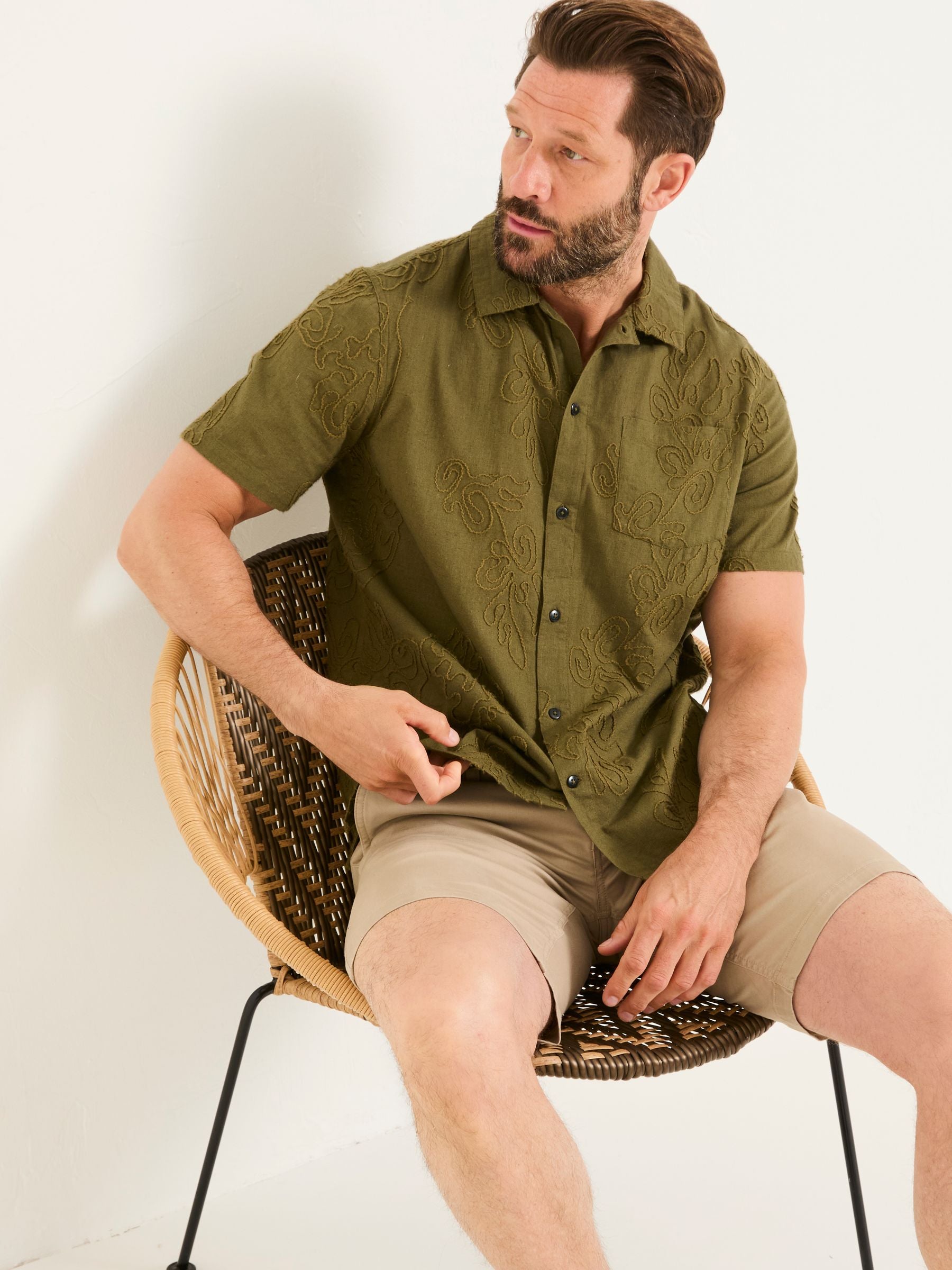 Khaki Green Short Sleeve Swirl Embroidered Shirt