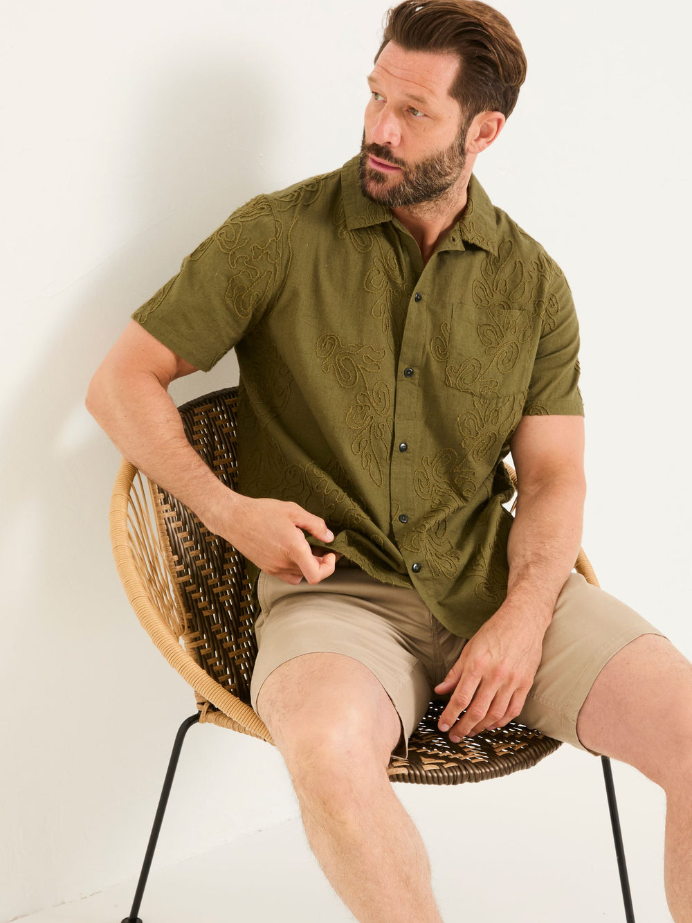 Khaki Green Short Sleeve Swirl Embroidered Shirt