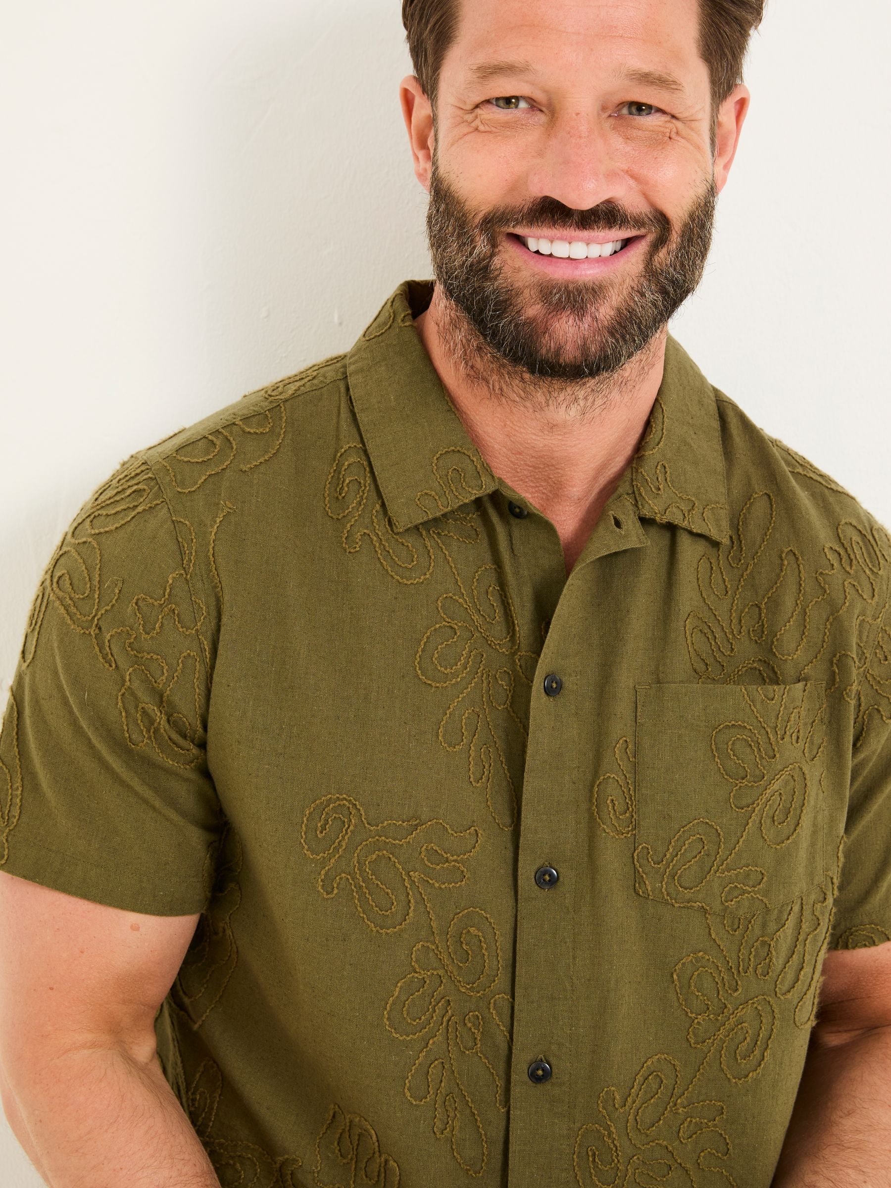 Khaki Green Short Sleeve Swirl Embroidered Shirt