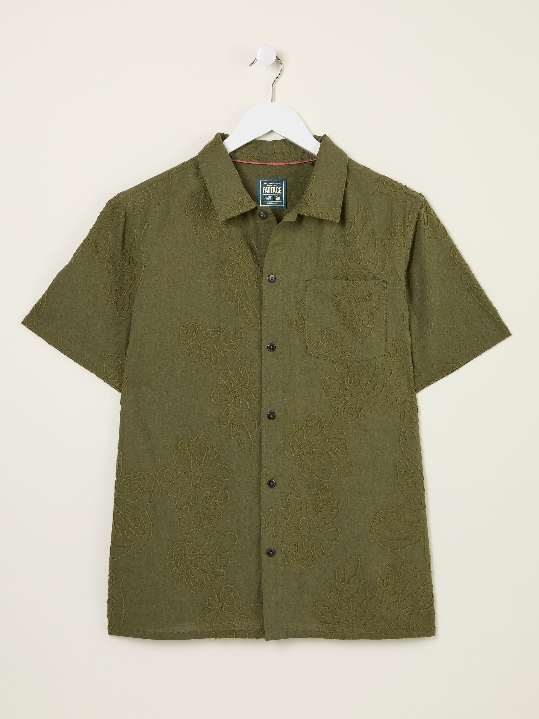 Khaki Green Short Sleeve Swirl Embroidered Shirt