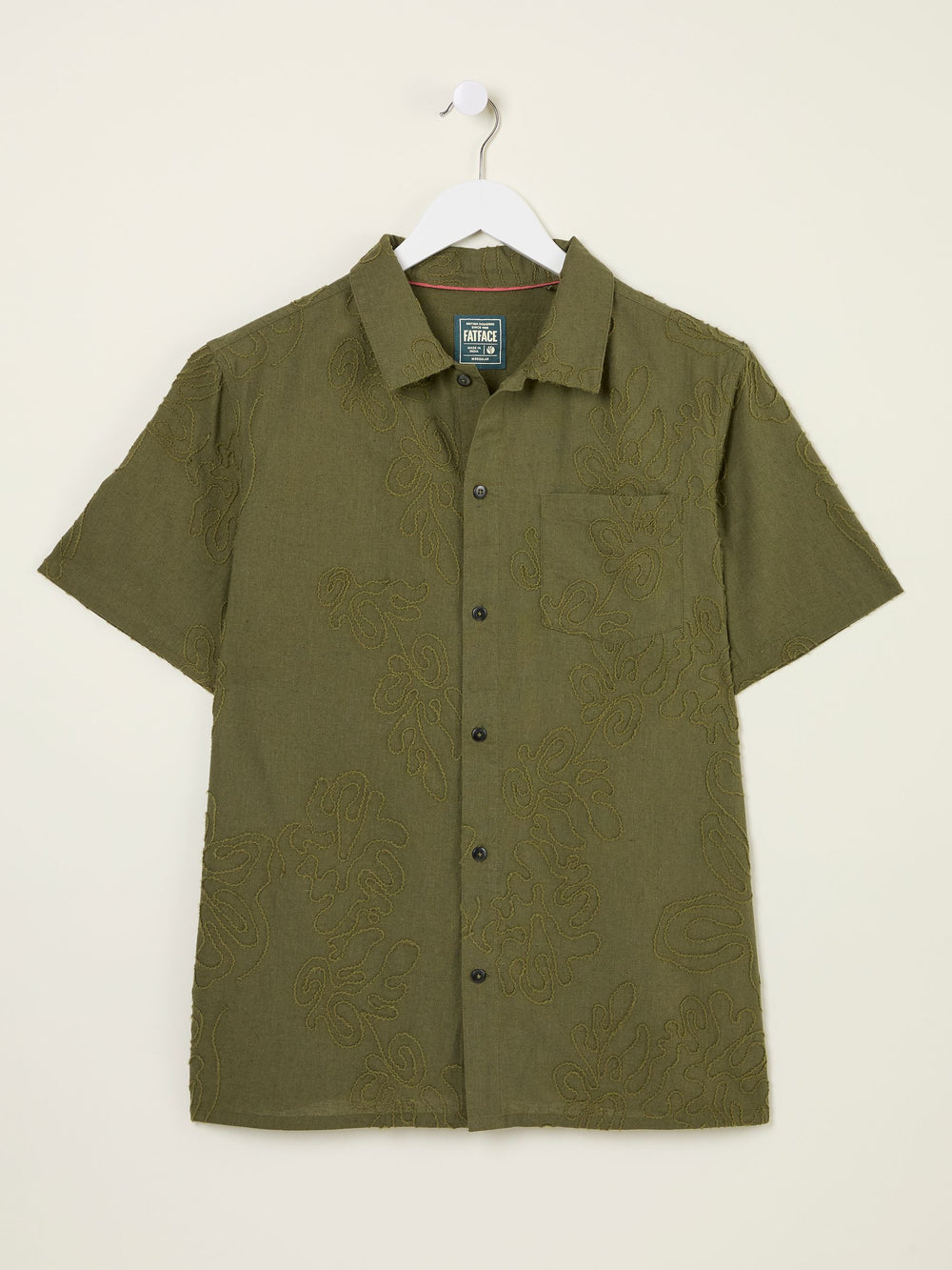 Khaki Green Short Sleeve Swirl Embroidered Shirt