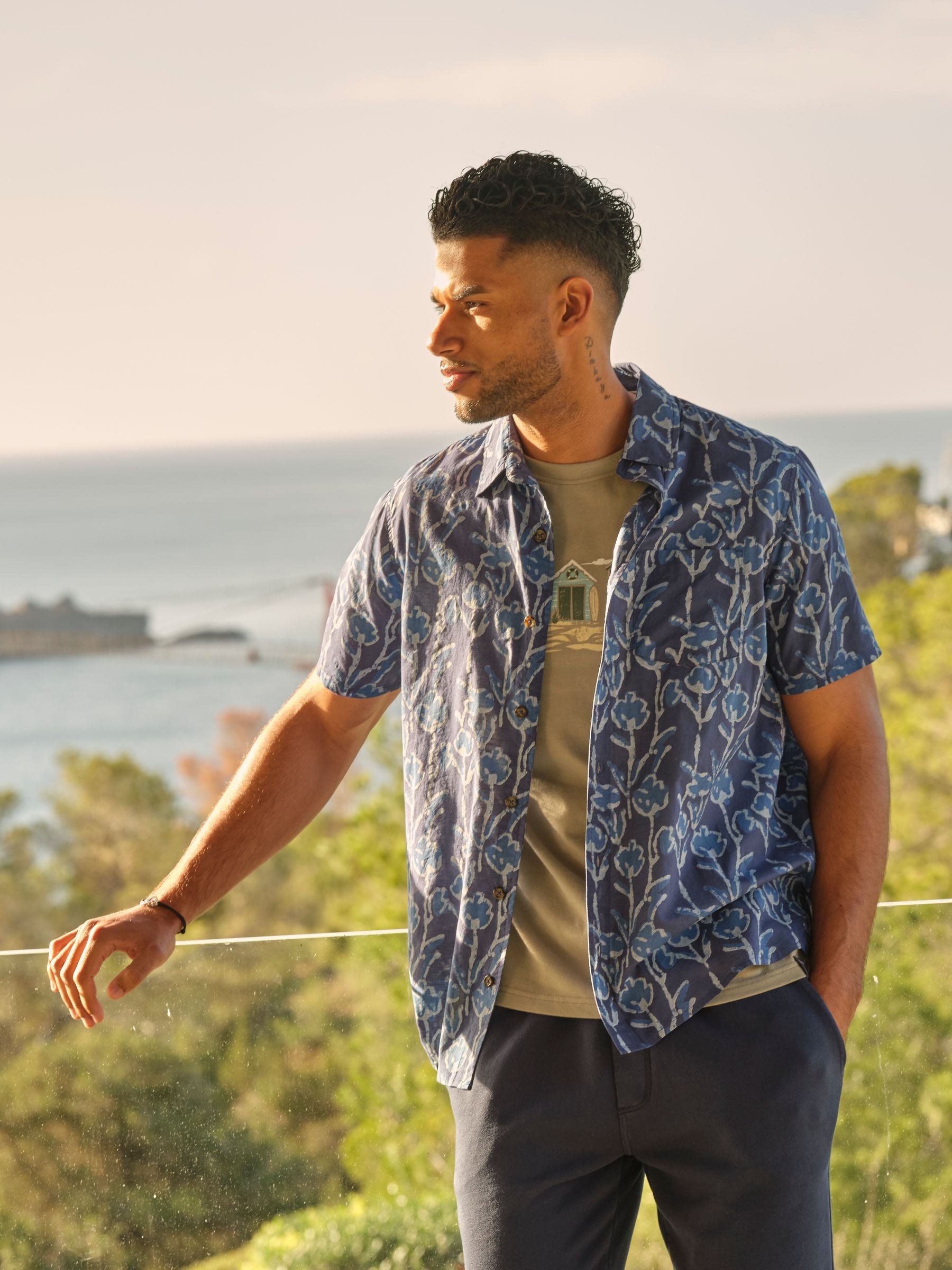 Blue Short Sleeve Sprig Print 100% Cotton Shirt
