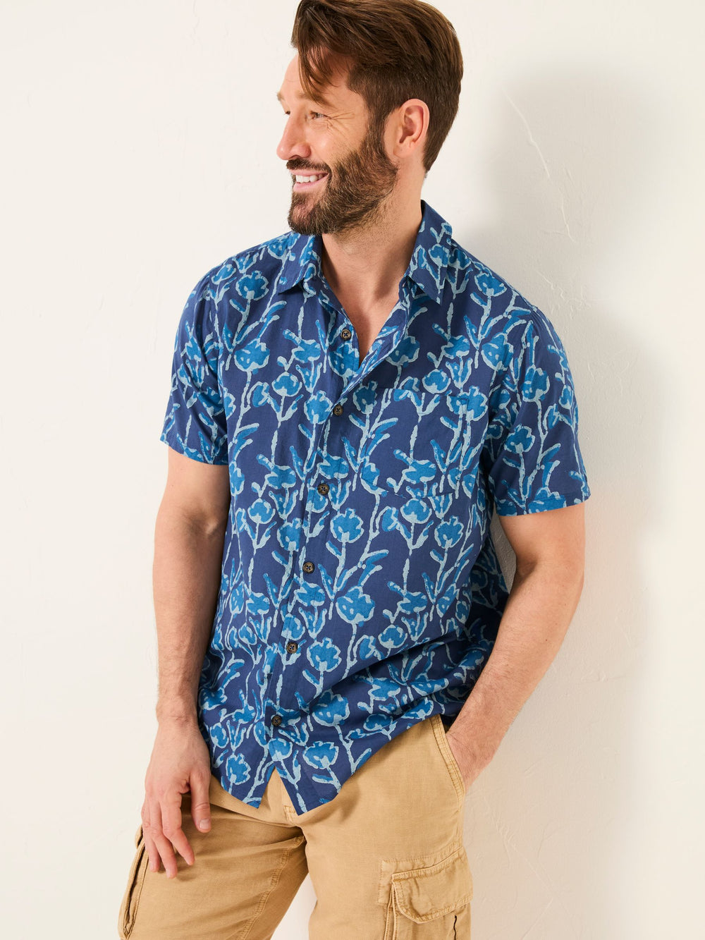 Blue Short Sleeve Sprig Print 100% Cotton Shirt