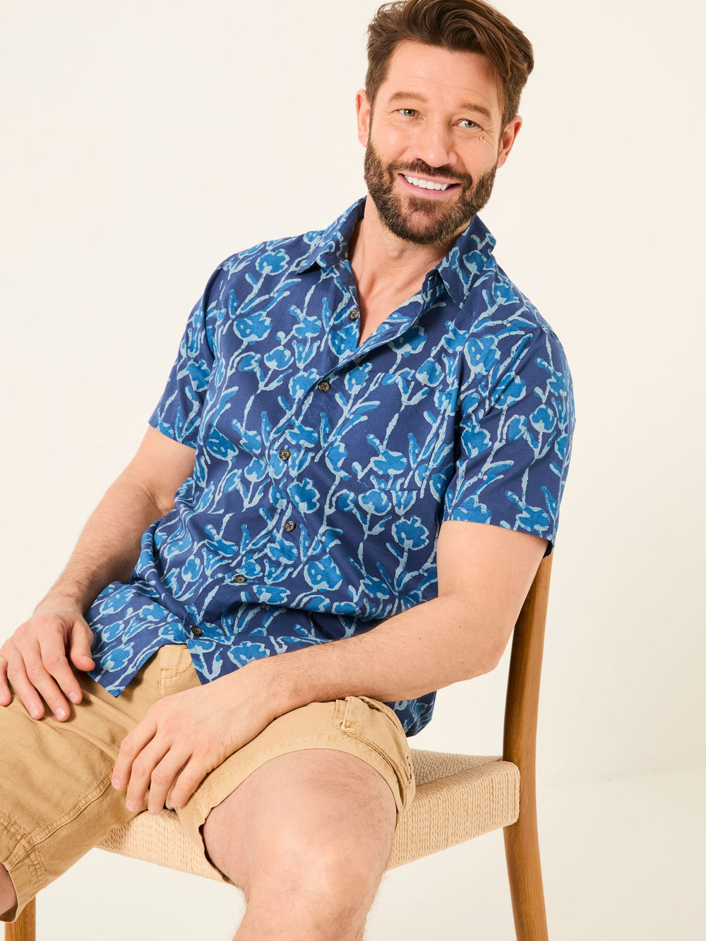 Blue Short Sleeve Sprig Print 100% Cotton Shirt