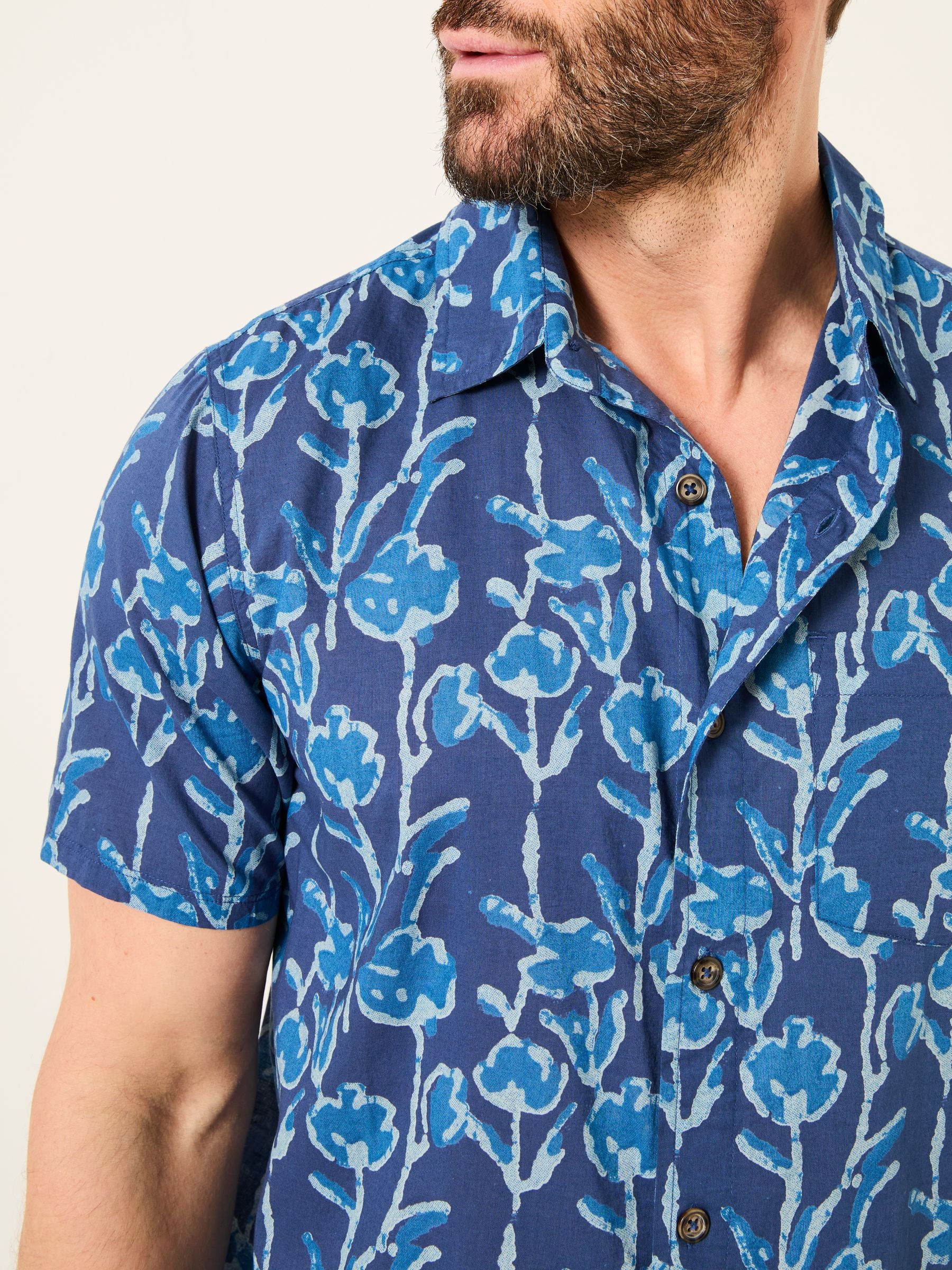 Blue Short Sleeve Sprig Print 100% Cotton Shirt