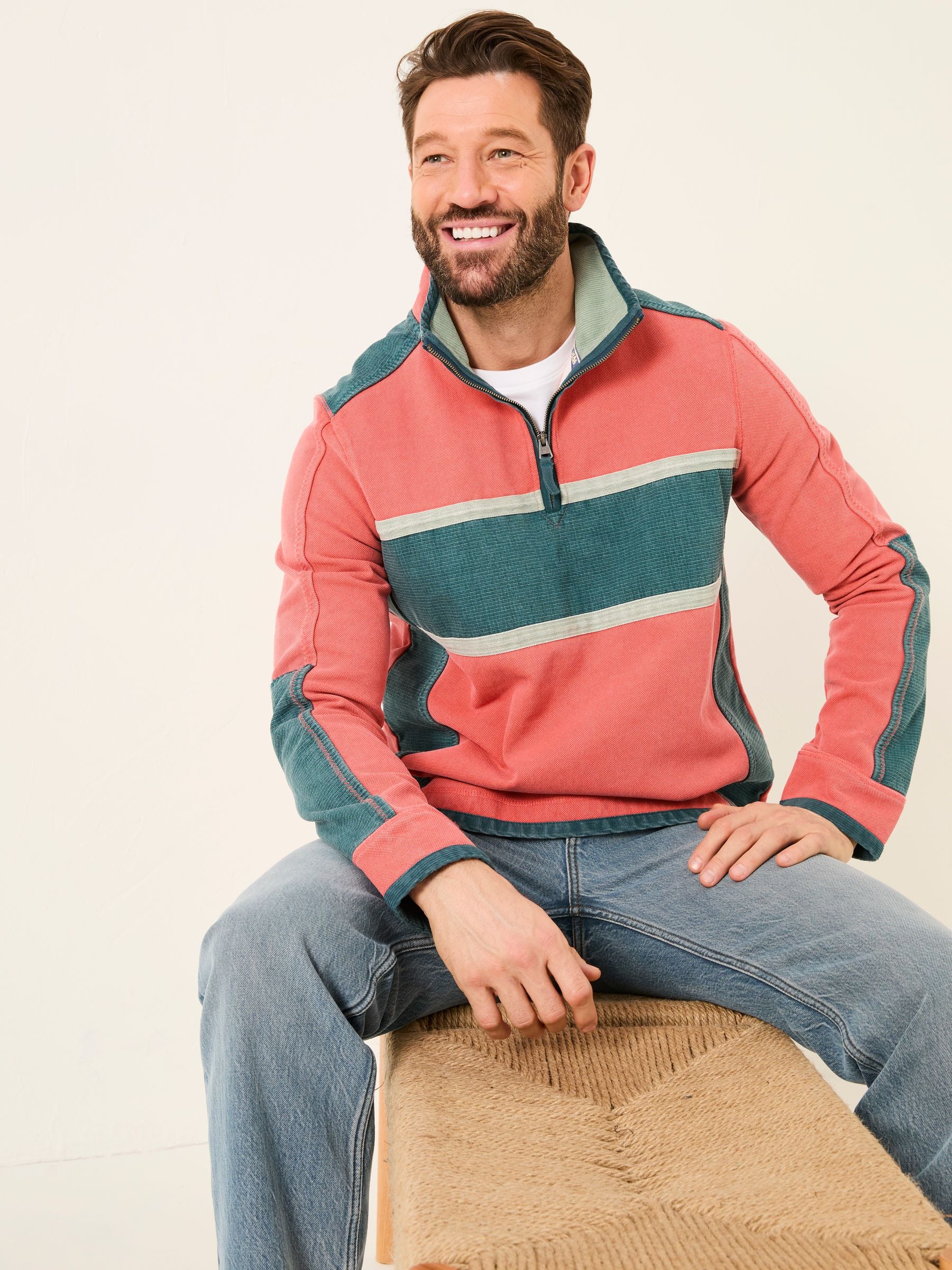 Coral Pink 100% Cotton Airlie Panel Quarter Zip Sweat Top