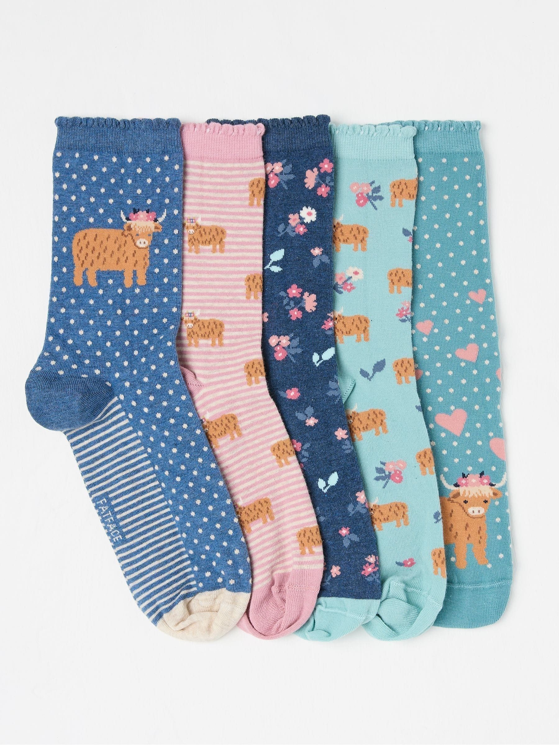 Multi 5 Pairs of Highland Cow Socks