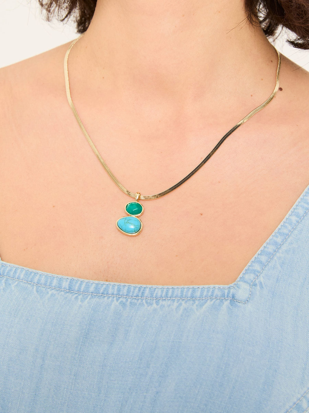 Gold Tone Double Stone Pendant Necklace