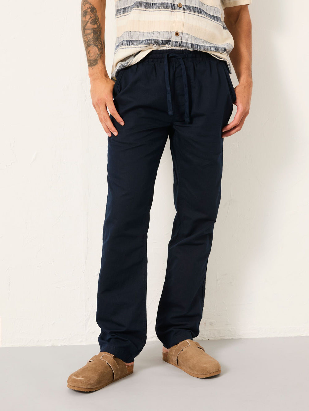 Navy Cotton Linen Straight Pull on Trousers