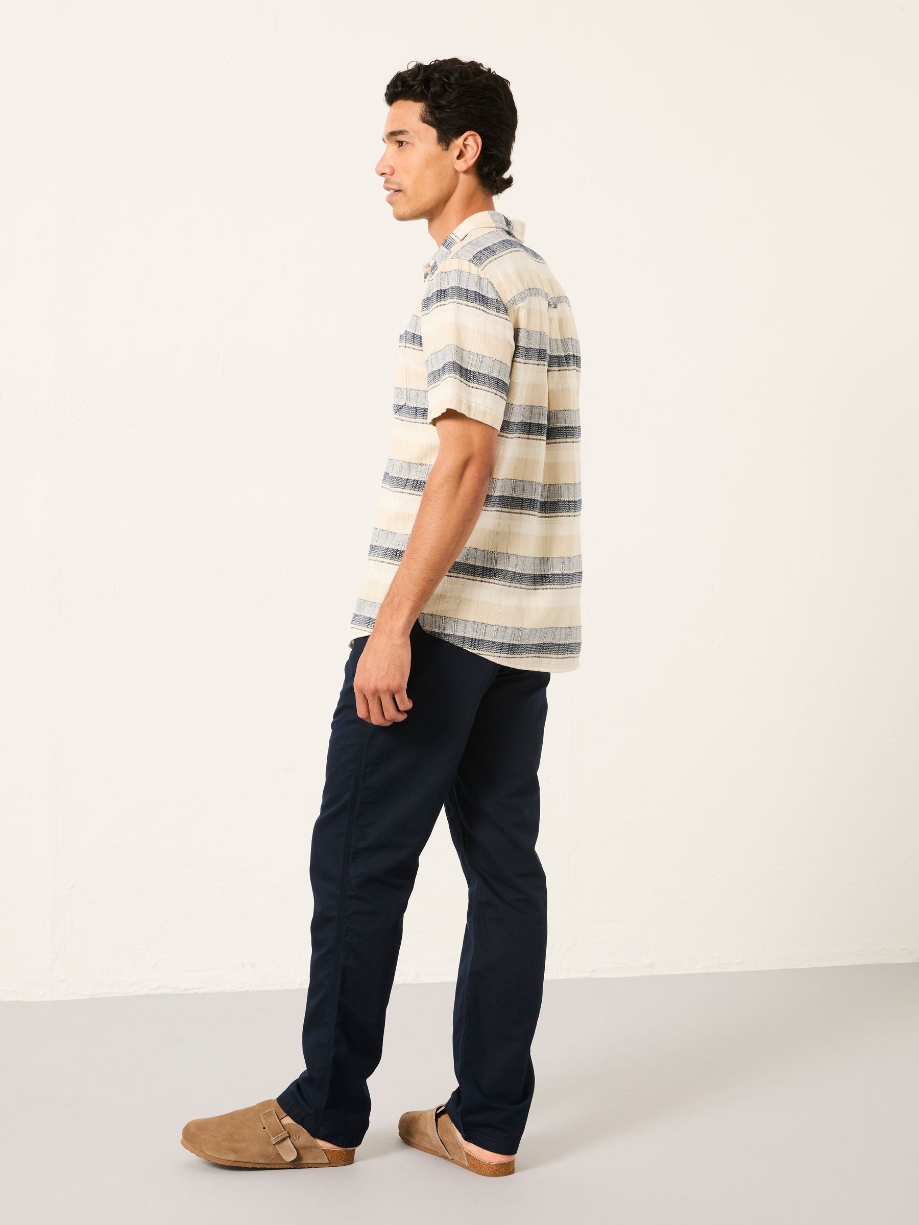 Navy Cotton Linen Straight Pull on Trousers