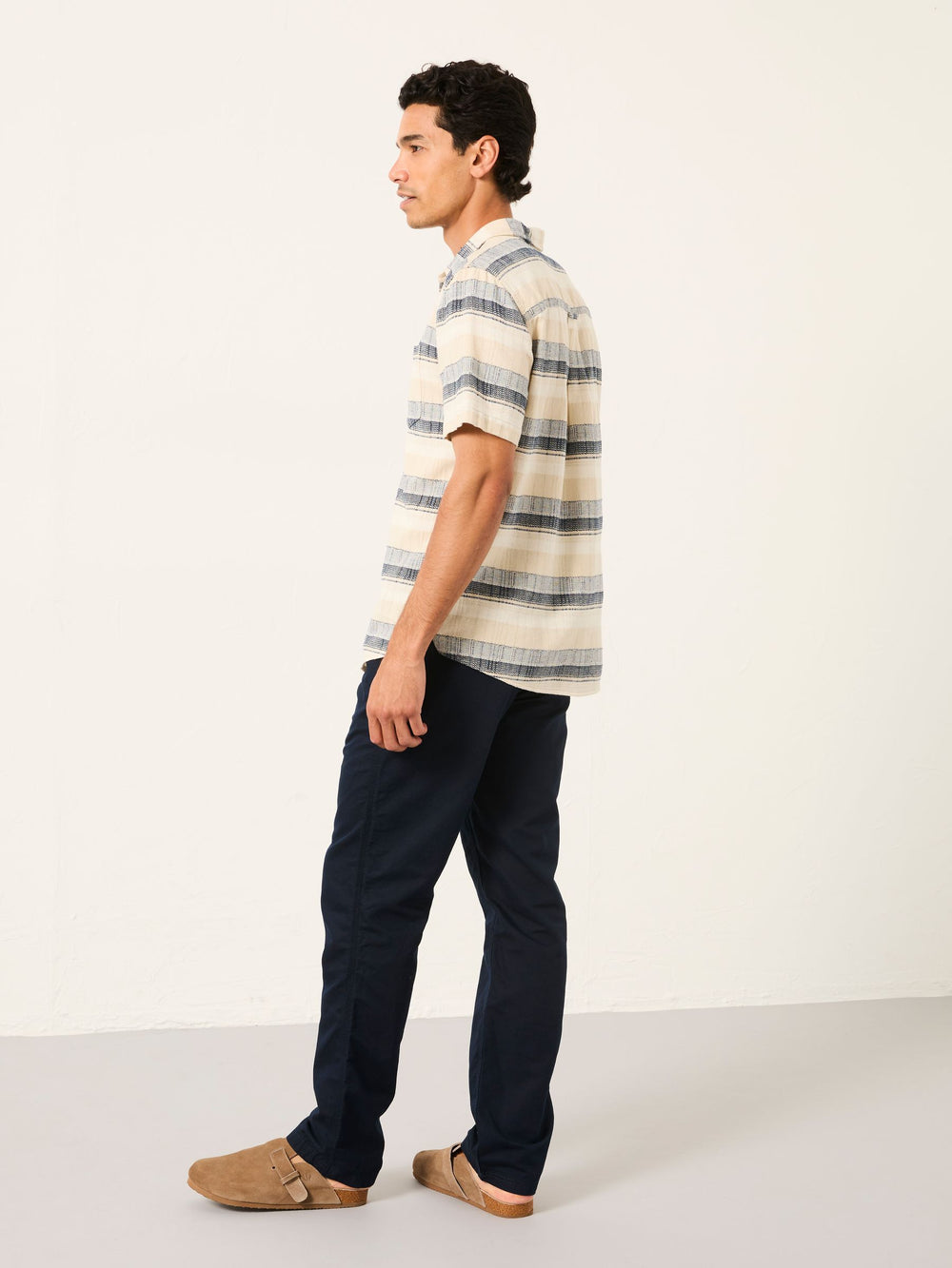 Navy Cotton Linen Straight Pull on Trousers