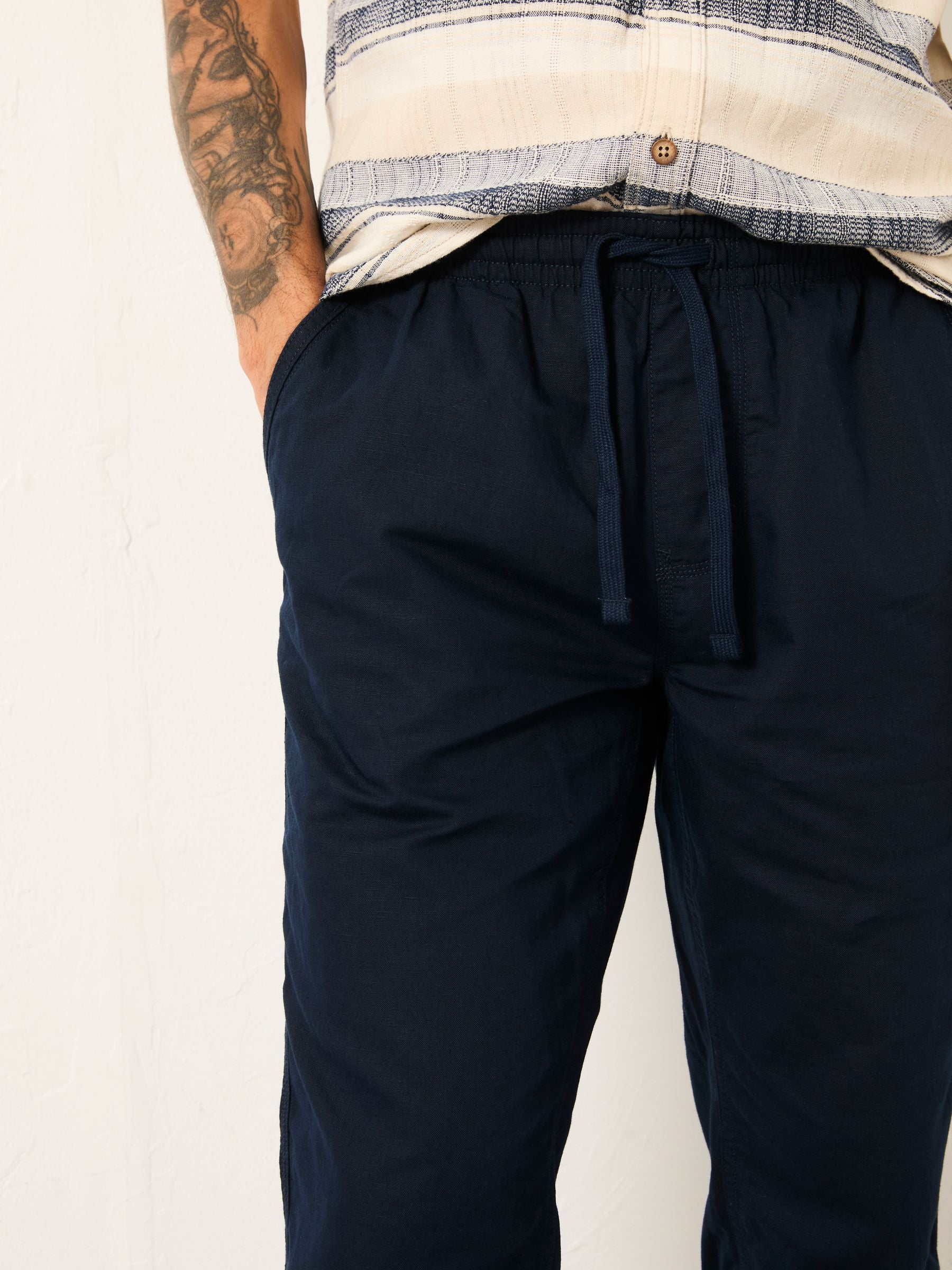 Navy Cotton Linen Straight Pull on Trousers
