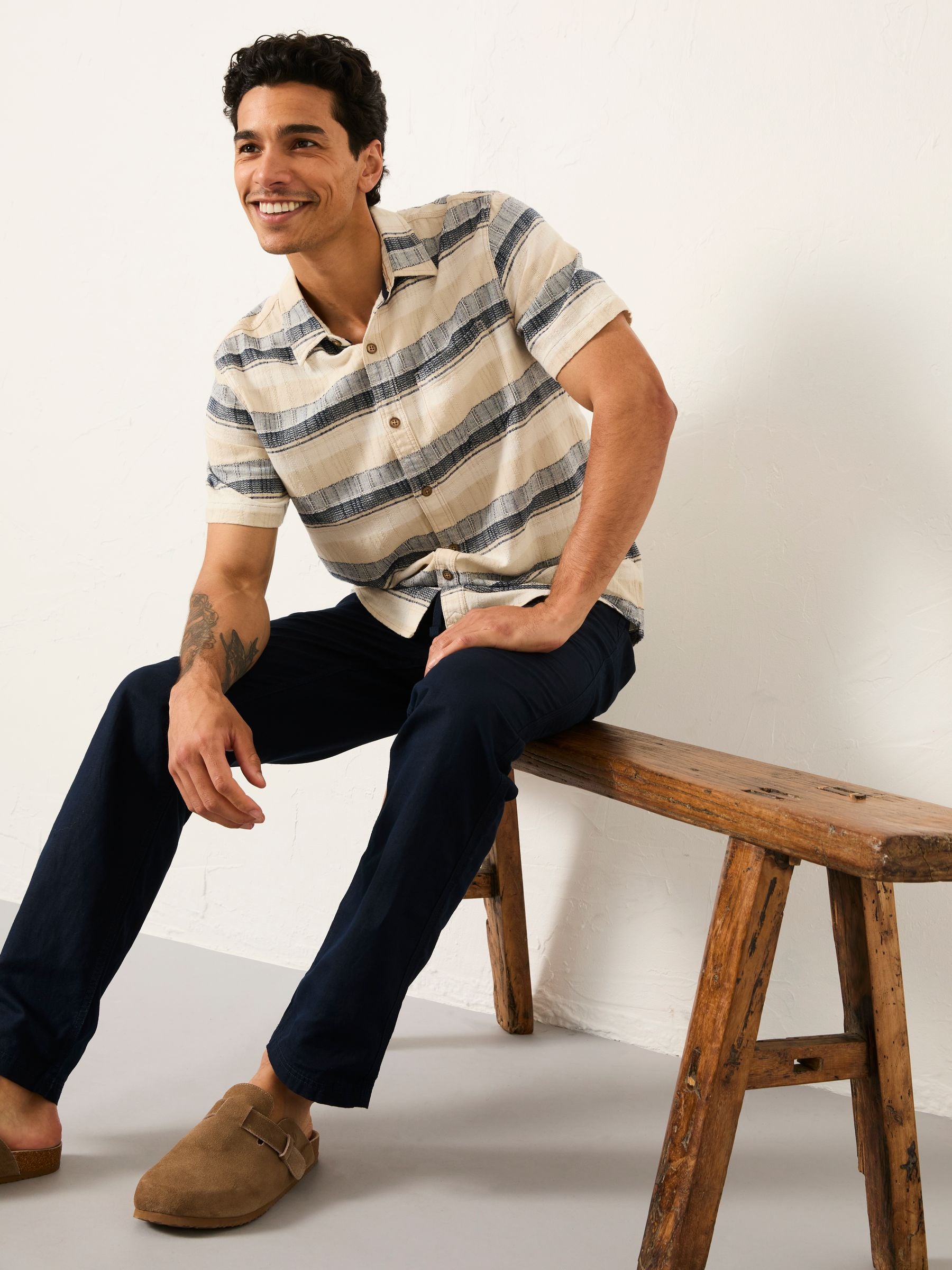 Navy Cotton Linen Straight Pull on Trousers