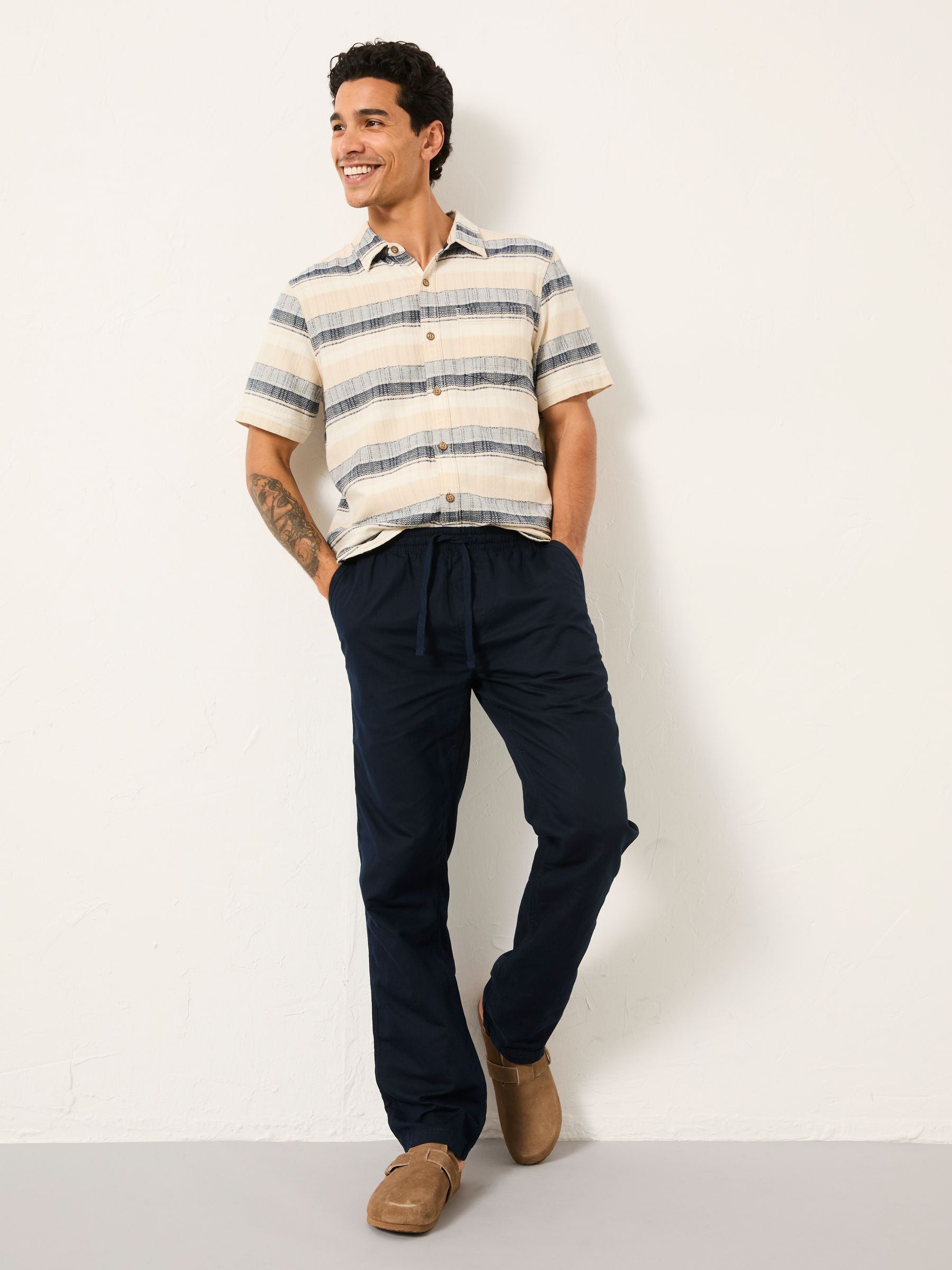 Navy Cotton Linen Straight Pull on Trousers