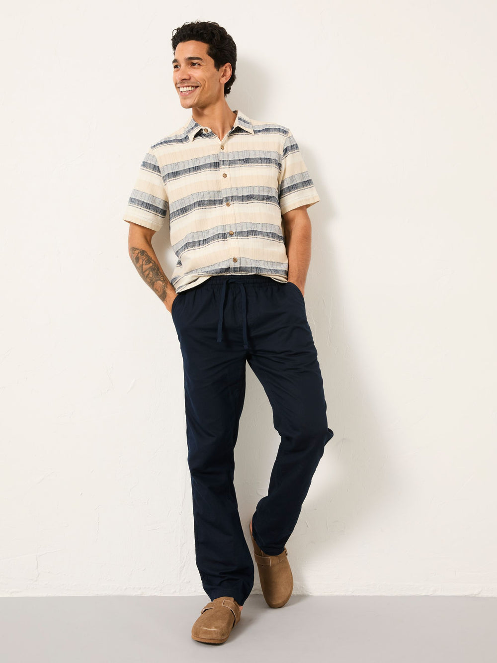 Navy Cotton Linen Straight Pull on Trousers