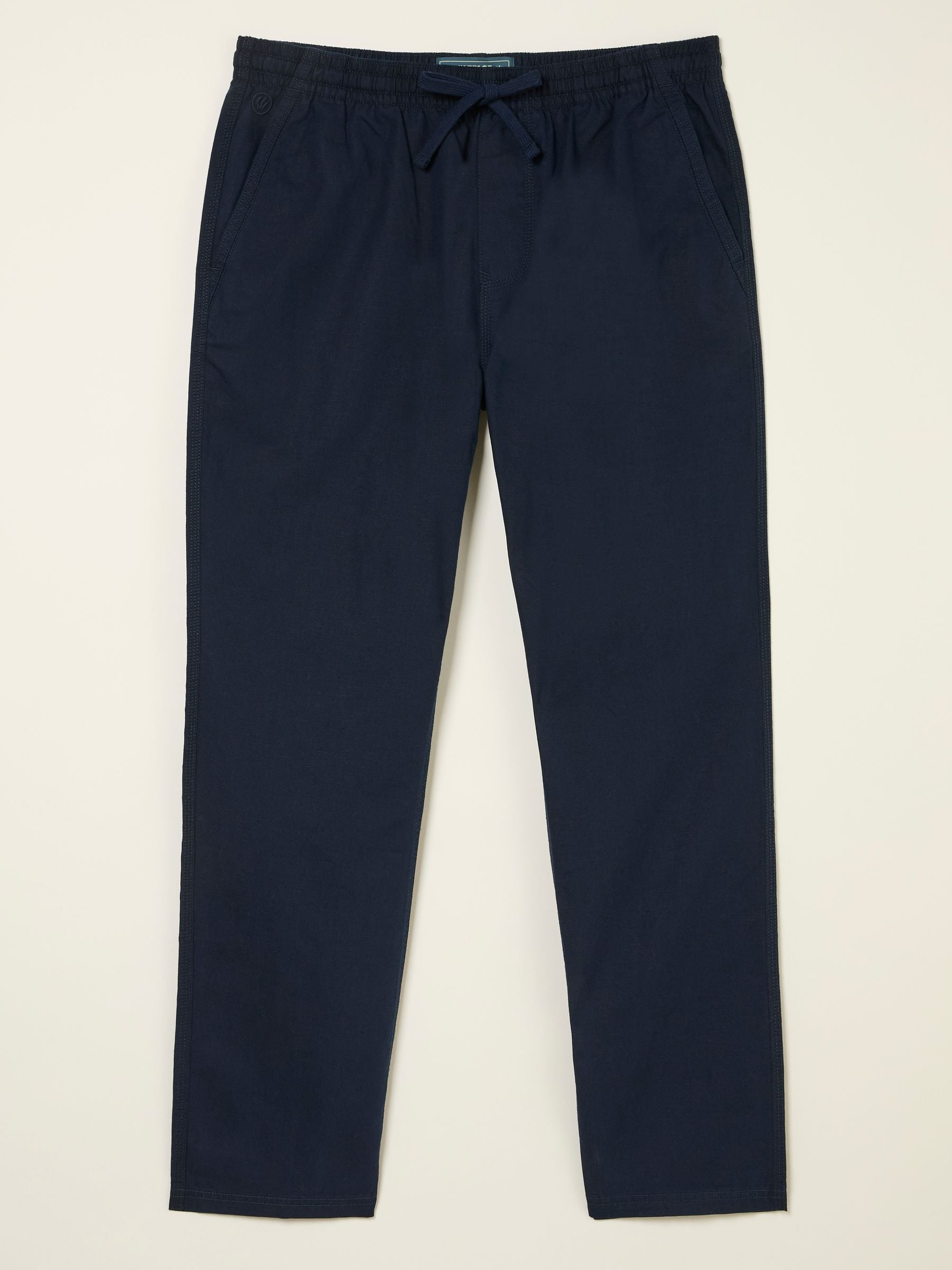 Navy Cotton Linen Straight Pull on Trousers
