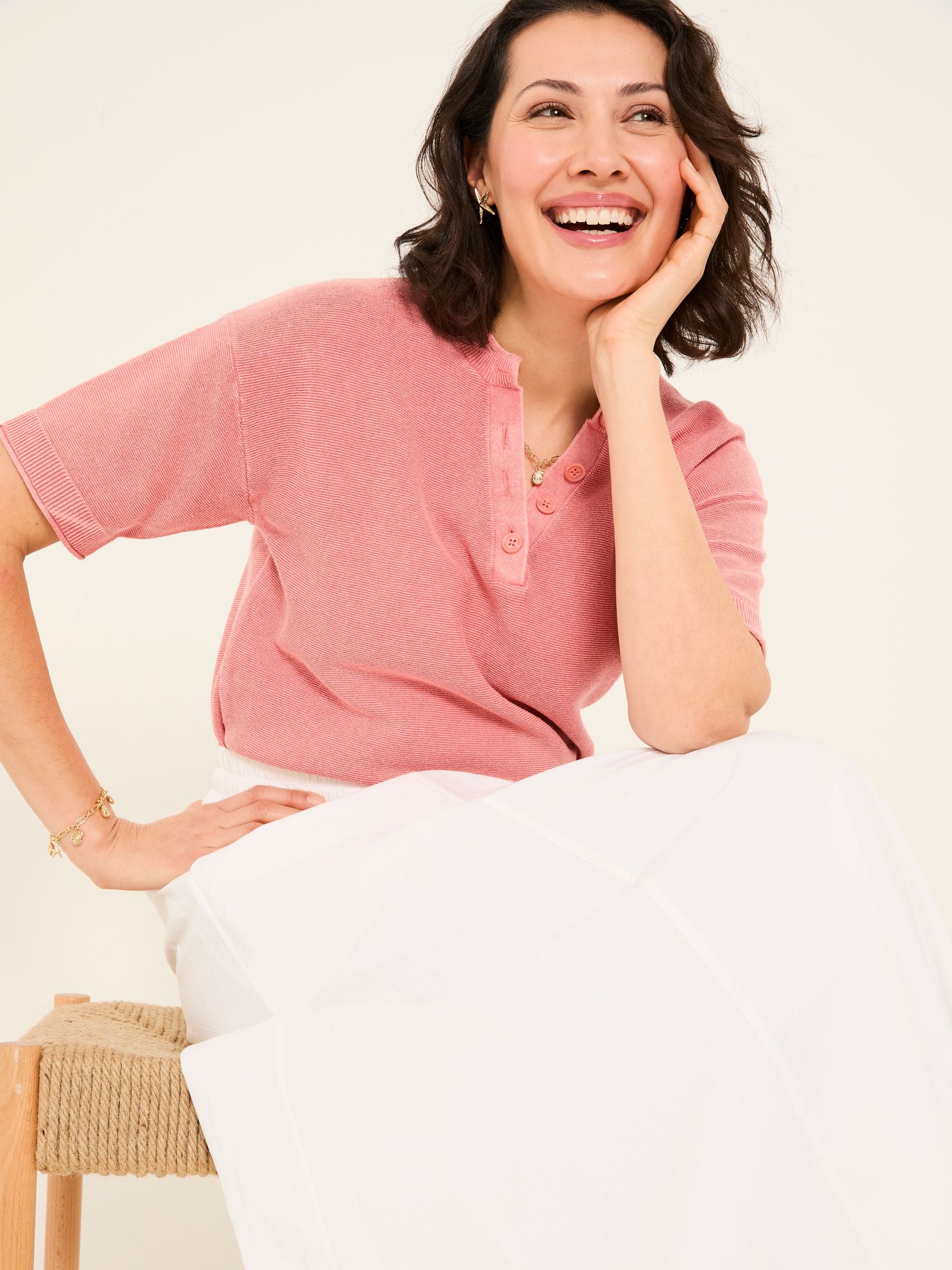 Fleur Rose Pink Laundered Knitted Henley Top