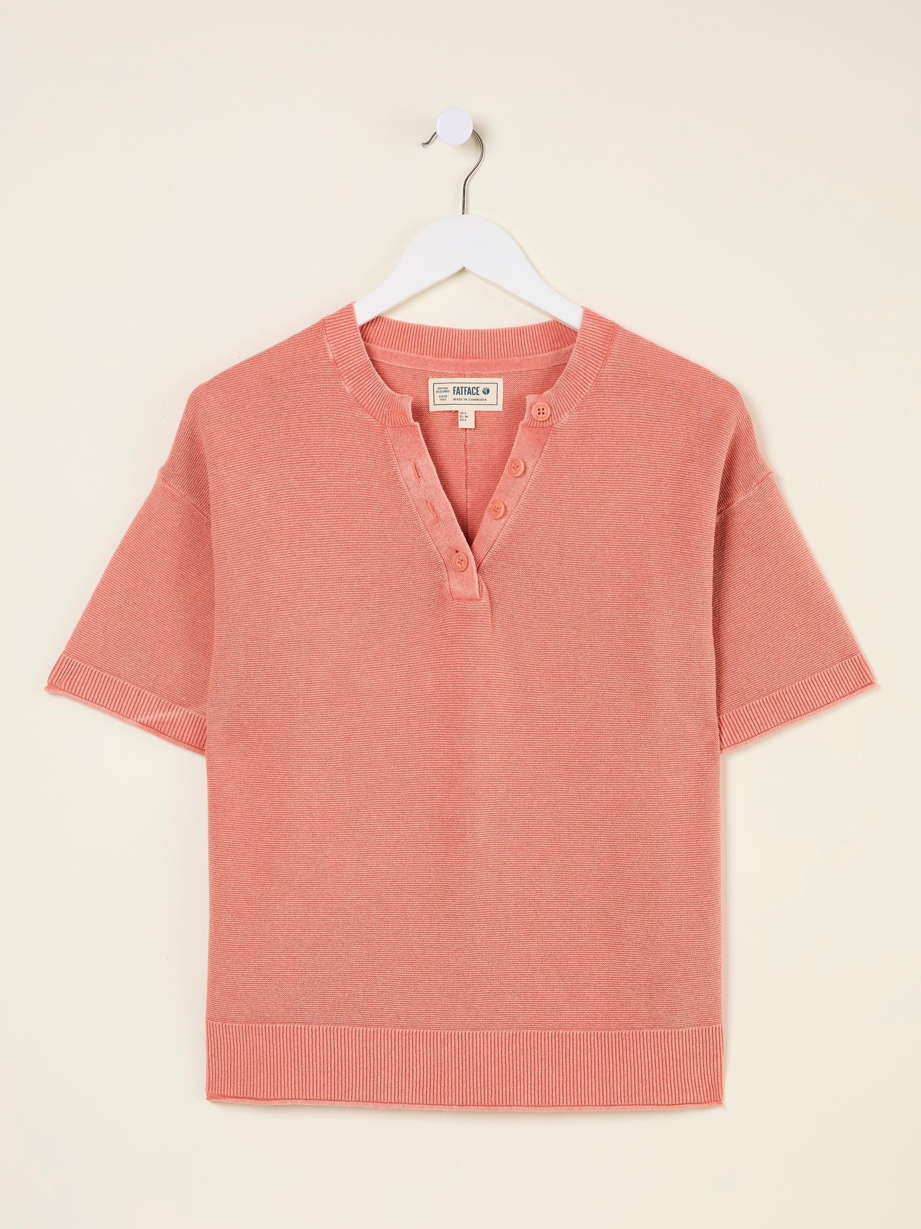 Fleur Rose Pink Laundered Knitted Henley Top