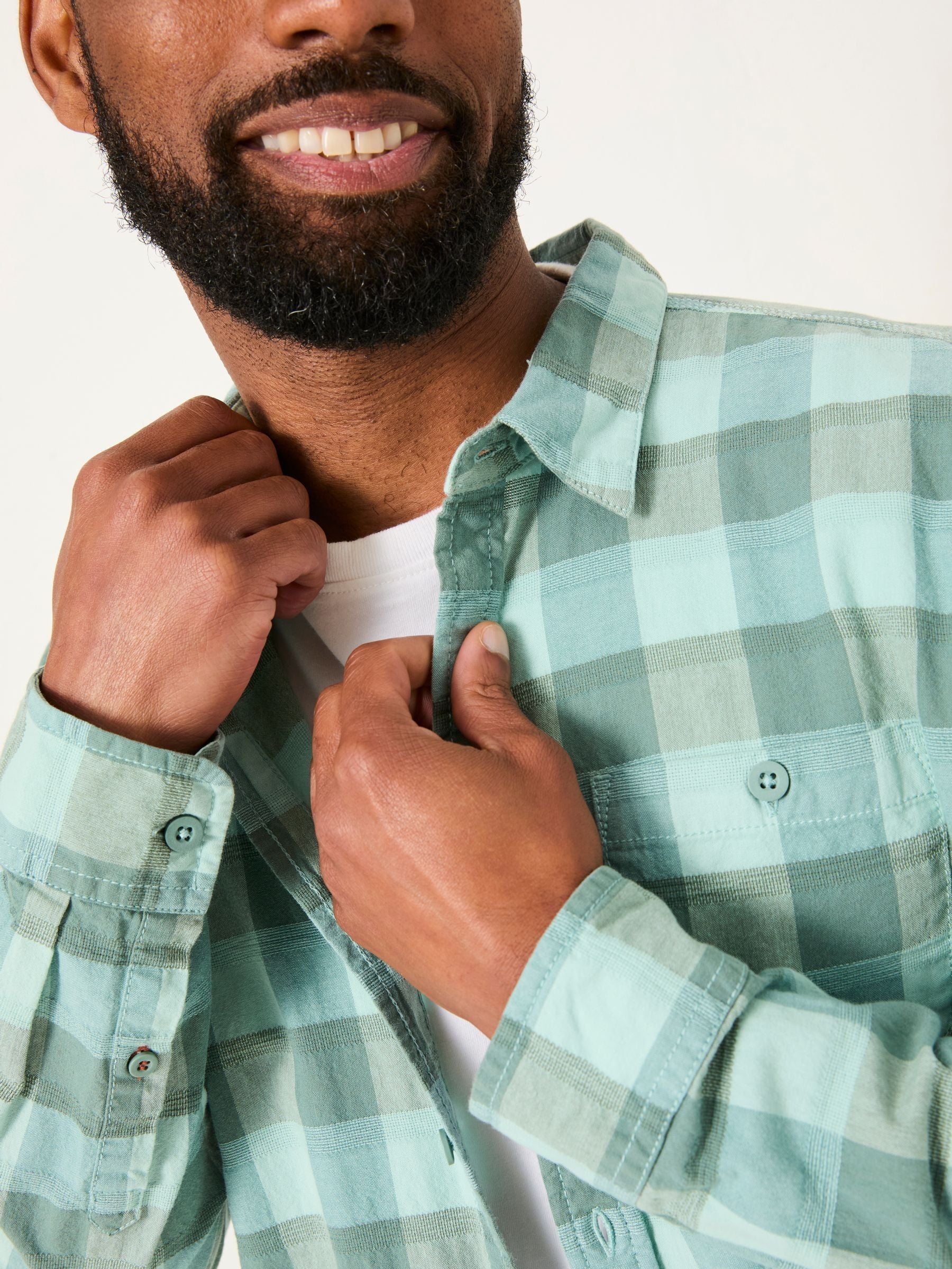 Brent Aqua Blue Long Sleeve Buffallo Overdye Check Shirt