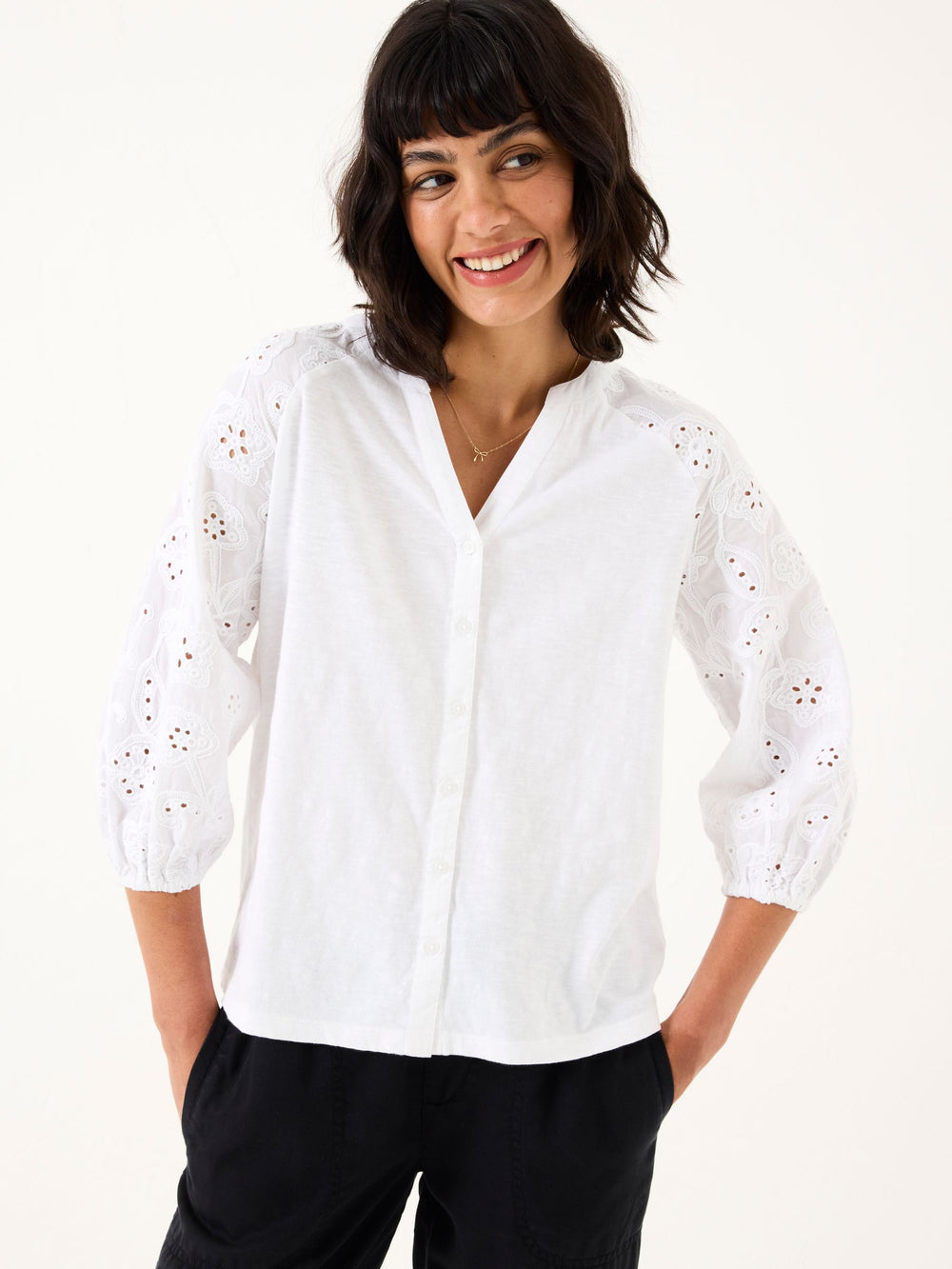 Elsie White Broderie 100% Cotton Jersey Shirt