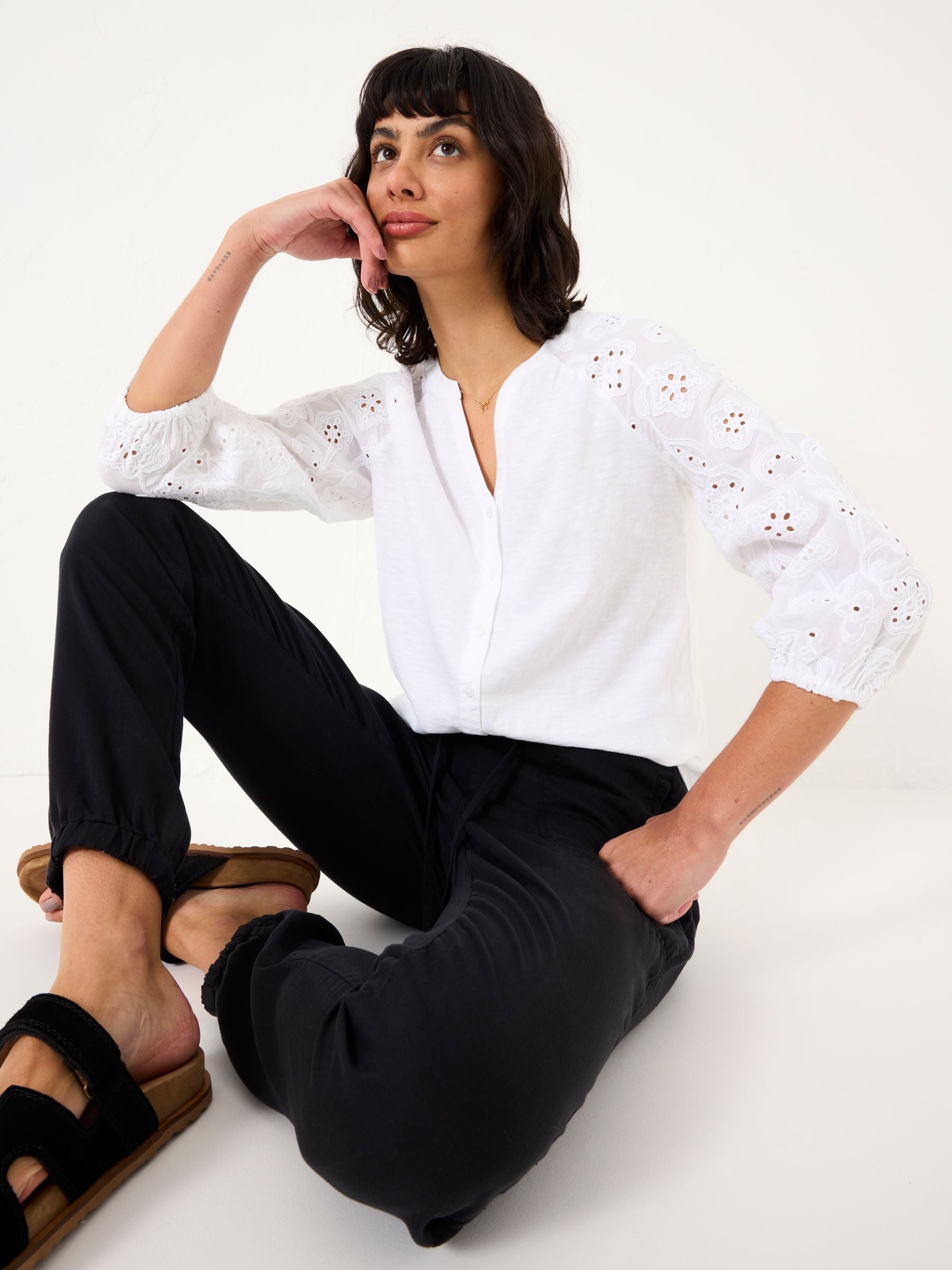 Elsie White Broderie 100% Cotton Jersey Shirt
