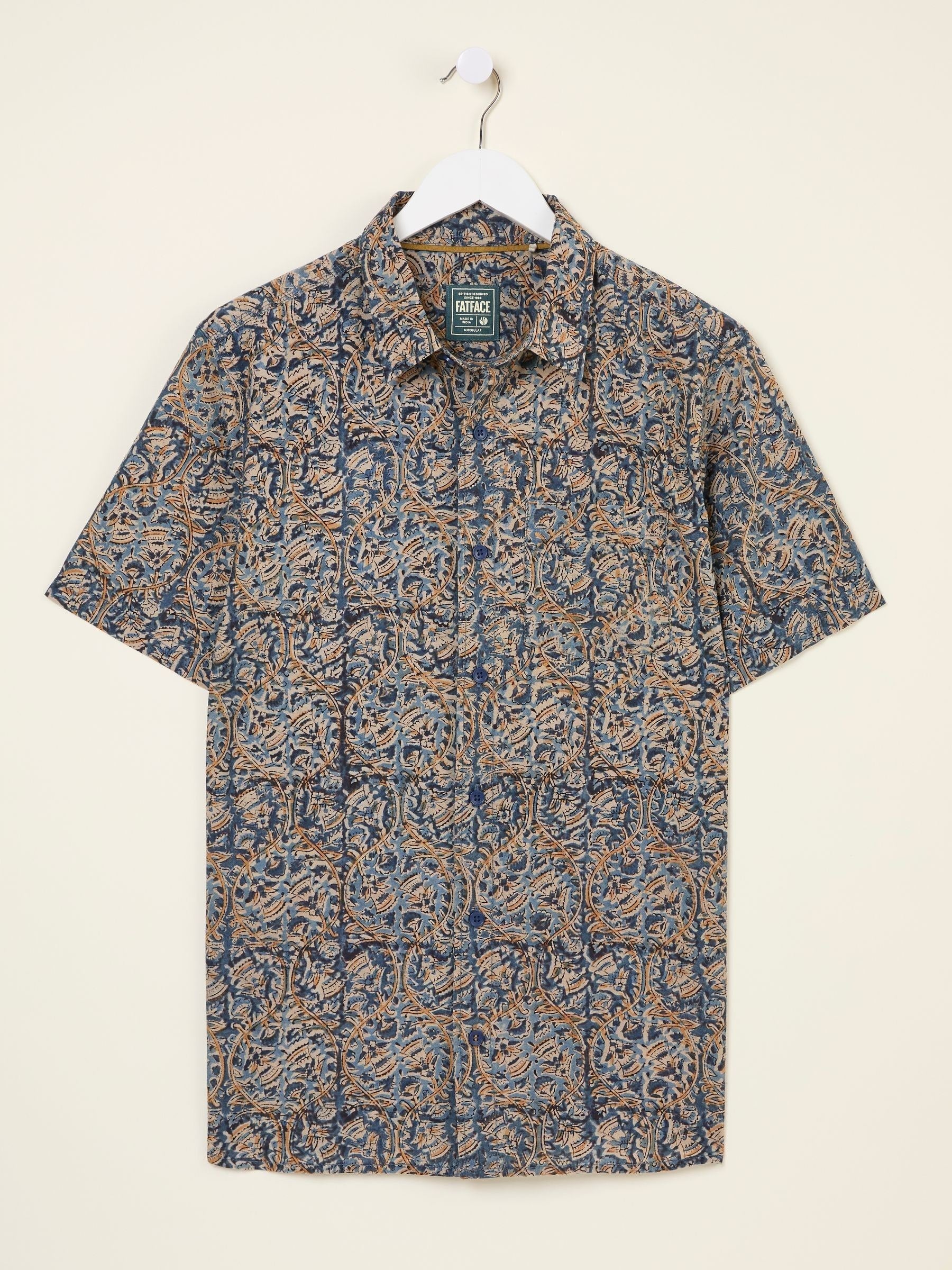 Blue Short Sleeve Authentic Indian Hand Block Print Shirt
